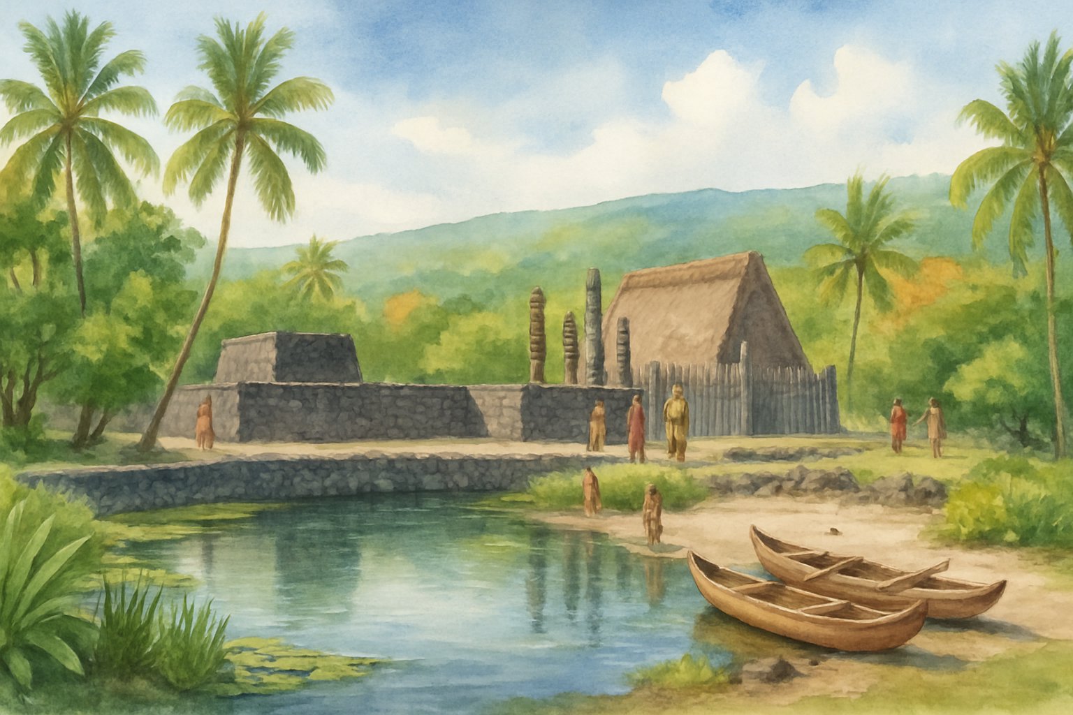 A peaceful outdoor scene showing ancient stone structures, tropical plants, a calm pond, and visitors exploring a historical Hawaiian site surrounded by hills.