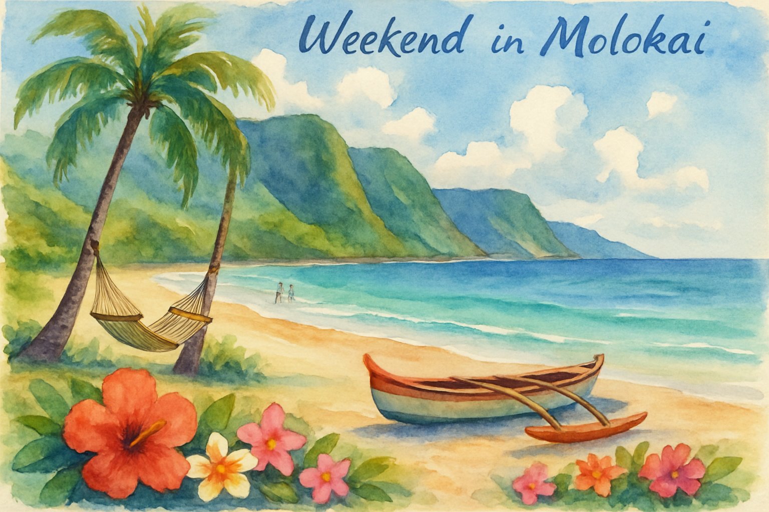 A peaceful beach on Molokai island with turquoise water, green cliffs, palm trees, and a hammock by the shore.