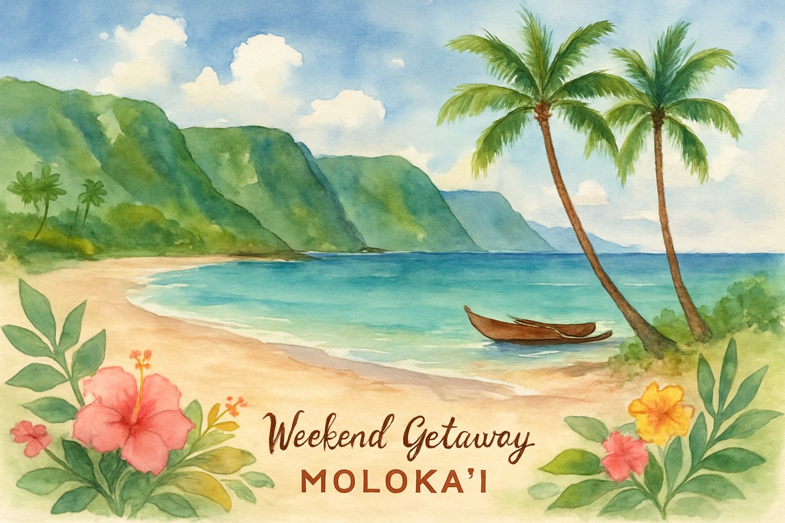 A peaceful beach with turquoise water, green cliffs, palm trees, and tropical flowers under a blue sky.