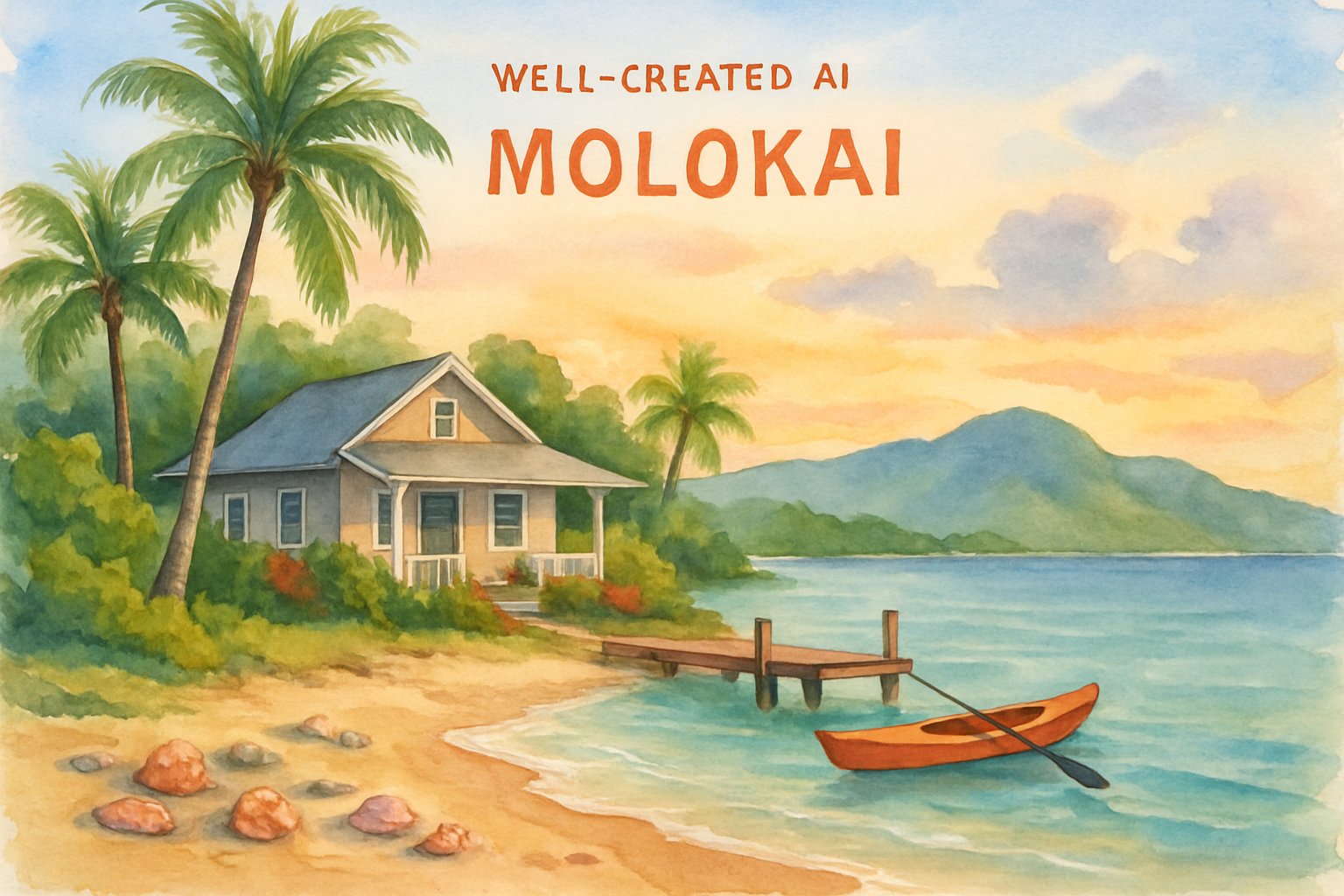 A peaceful beach scene with a small cottage among palm trees, calm ocean waters, a wooden dock with a kayak, and green mountains in the background under a colorful sunset sky.