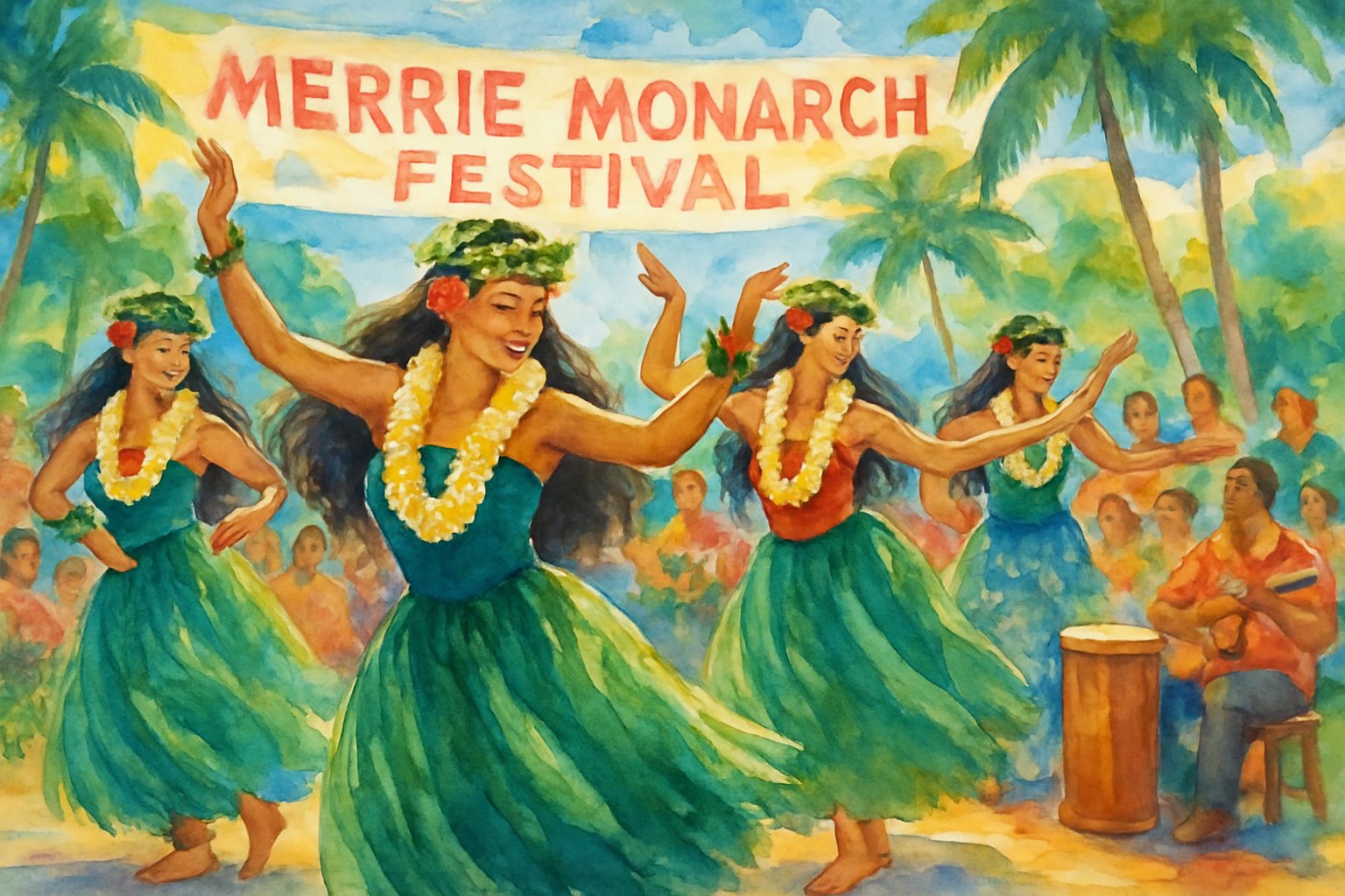 A group of hula dancers performing outdoors surrounded by tropical plants and an audience.