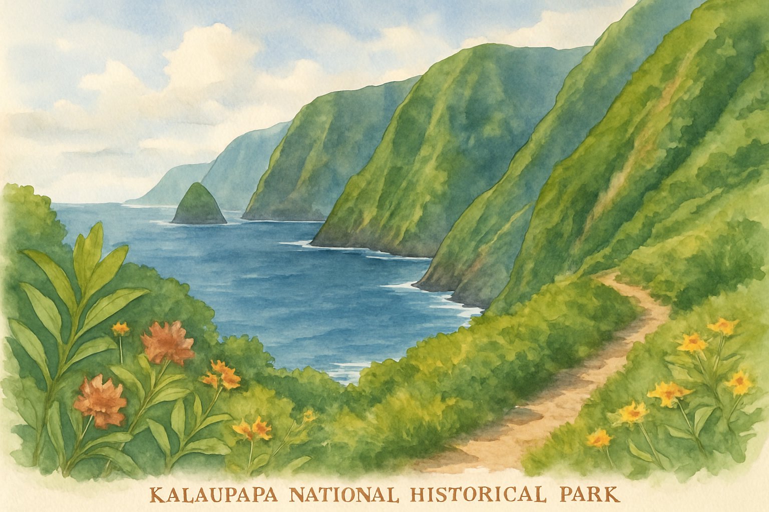 A tropical coastal landscape with steep green cliffs, a winding trail, and the ocean below under a partly cloudy sky.