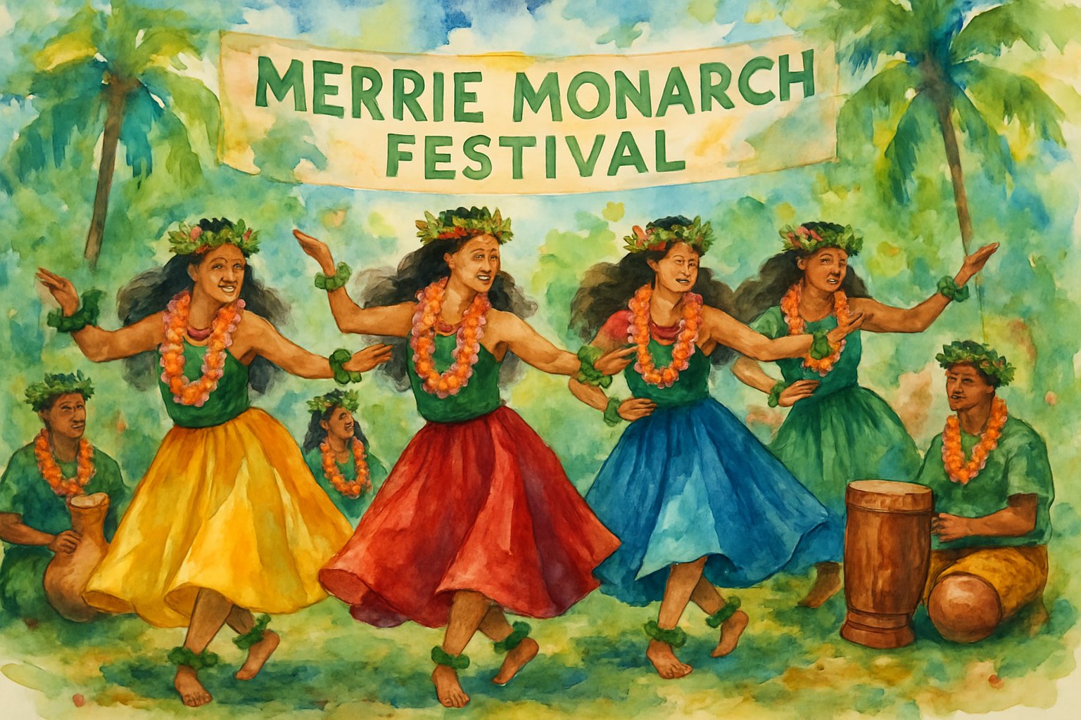 A group of Hawaiian hula dancers performing outdoors surrounded by tropical plants and musicians playing traditional instruments.
