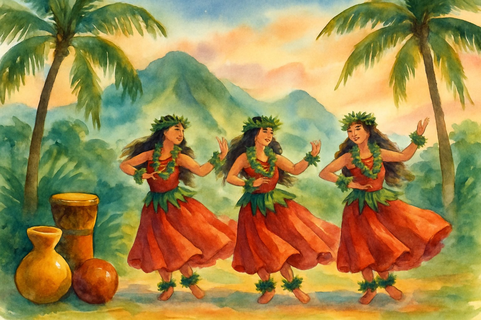 Hula dancers performing outdoors with palm trees and mountains in the background during a festive celebration on the Big Island of Hawaii.
