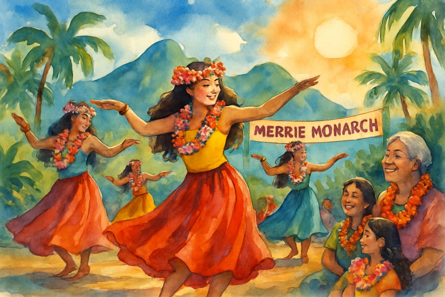 Hawaiian dancers performing a traditional hula dance outdoors with mountains and tropical plants in the background, surrounded by watching elders and children.