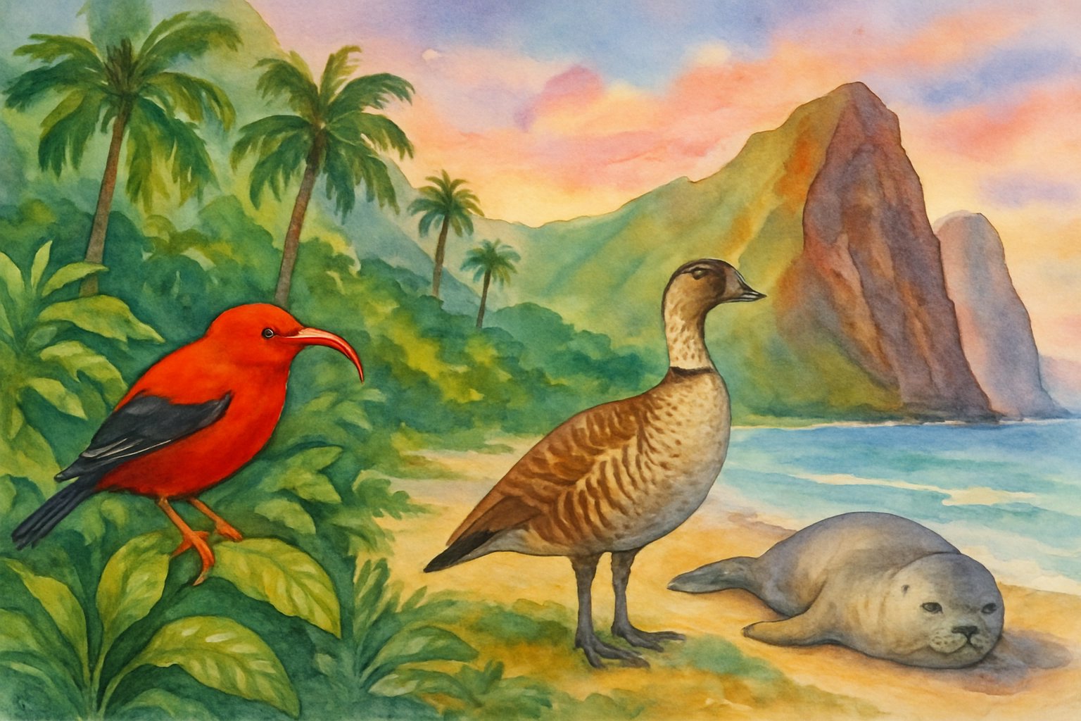 A tropical island scene with native Hawaiian birds, a resting seal on a sandy beach, lush greenery, and volcanic cliffs in the background.