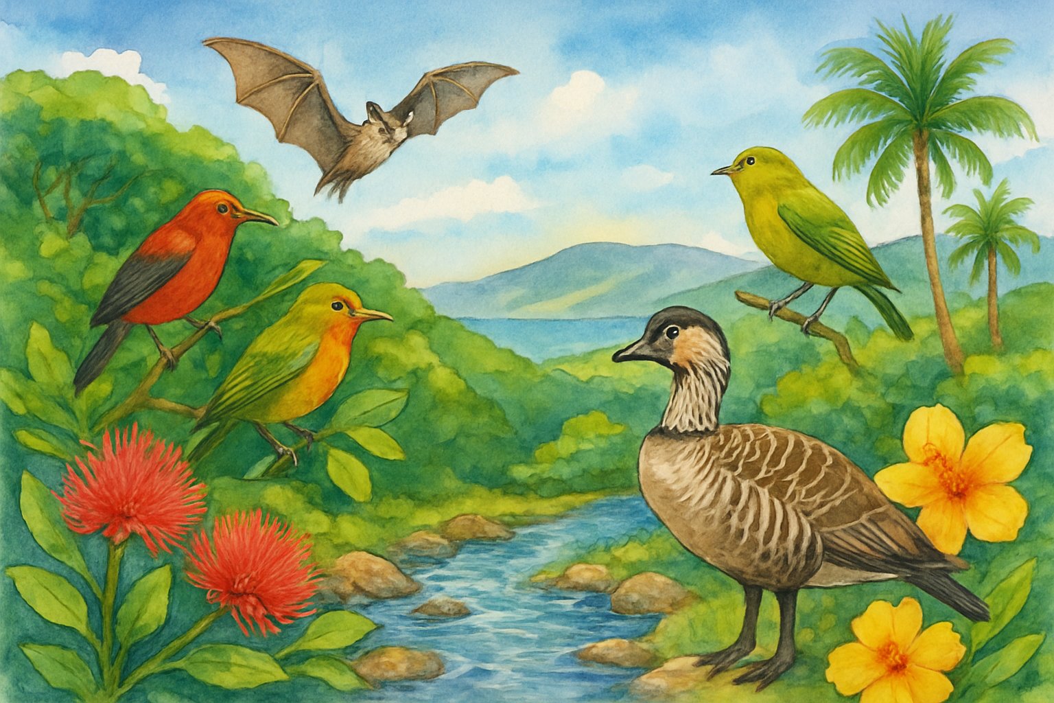 A tropical island landscape with green forests, native flowers, a stream, and various native birds and animals among trees and hills near the coast.