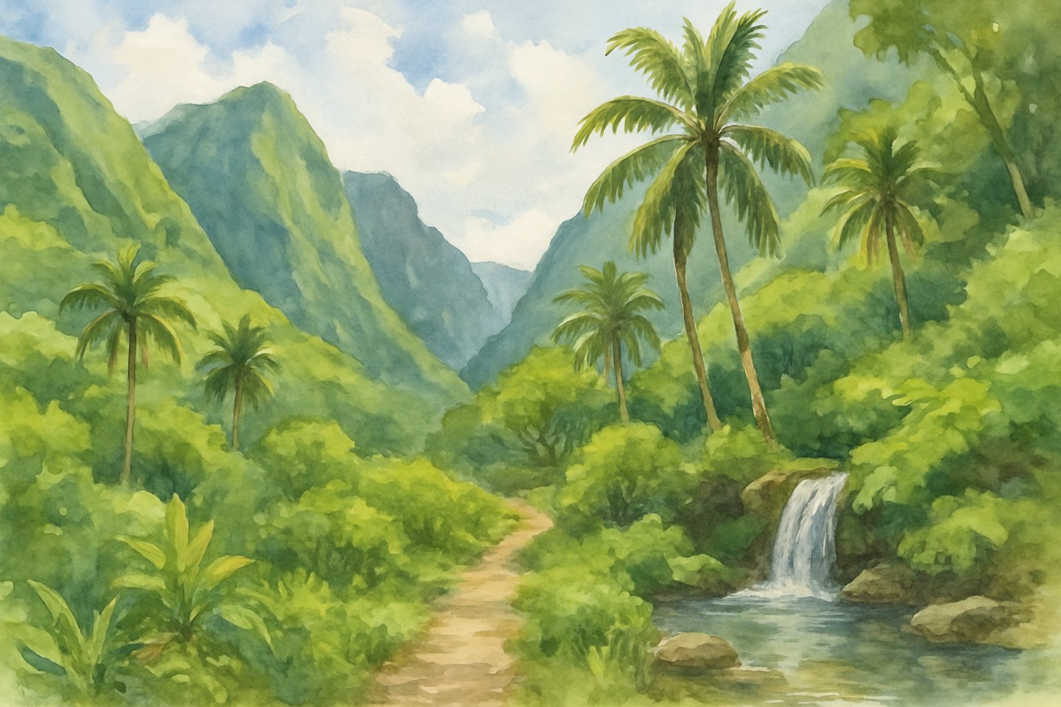 A narrow hiking trail winding through a green valley with tall palm trees, steep cliffs, and a small waterfall flowing into a clear pool.