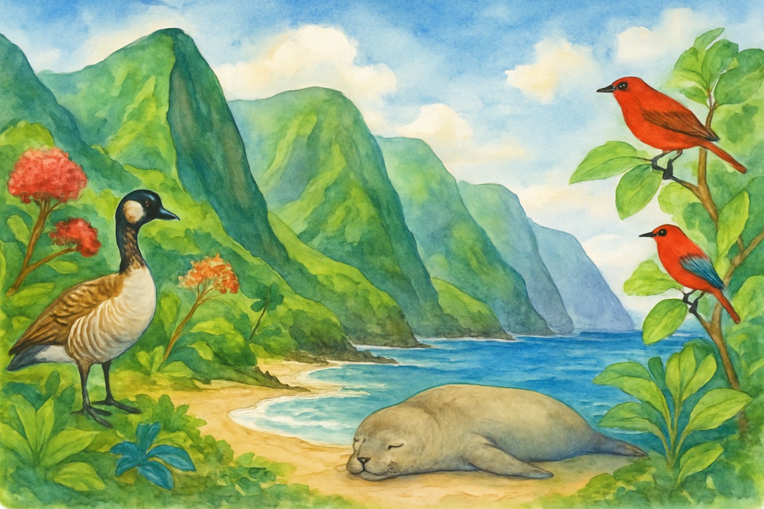 A coastal landscape showing steep cliffs, green valleys, a sandy beach, tropical birds, and a seal resting by the ocean.