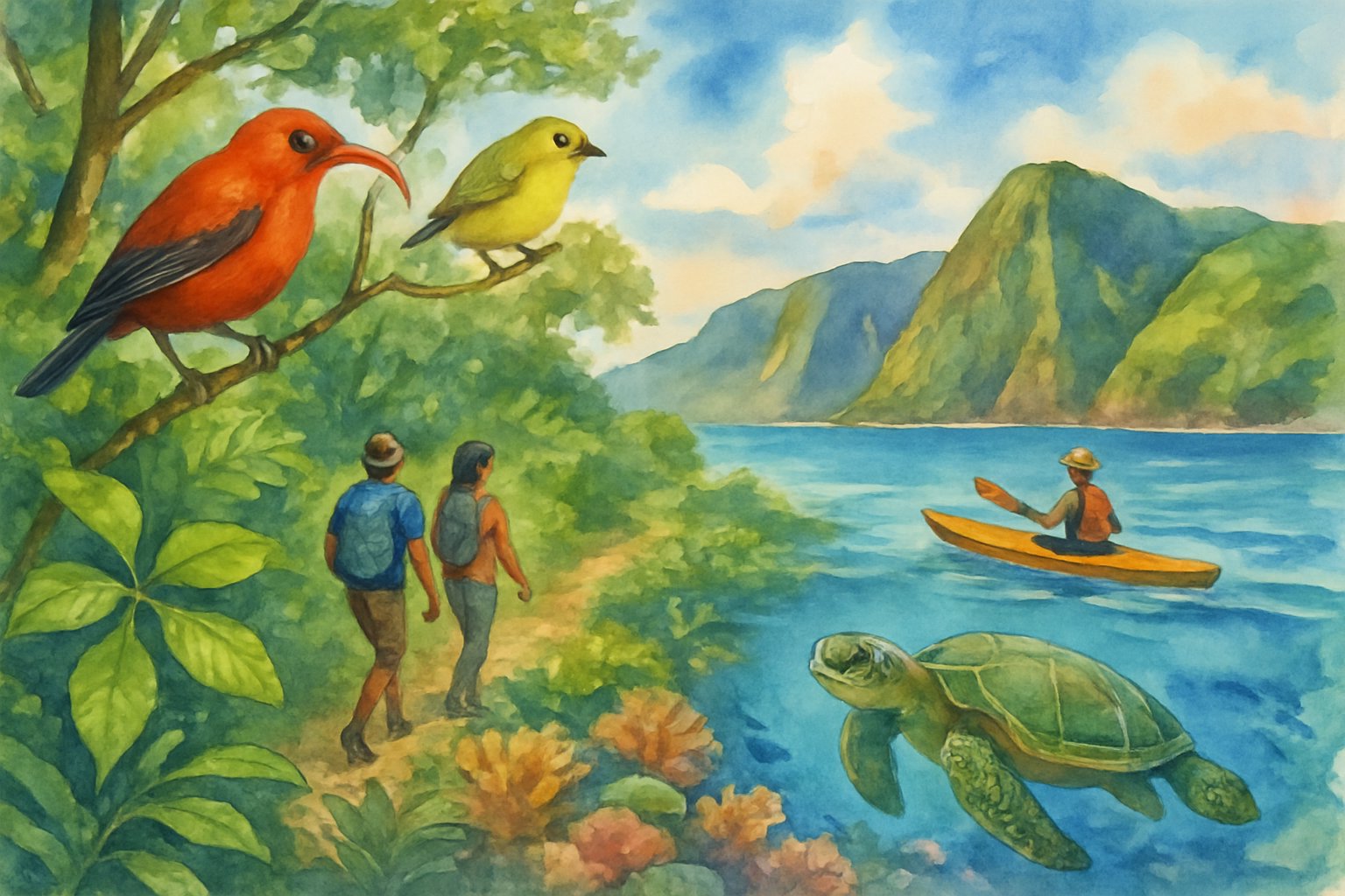 A tropical landscape with native birds in trees, a sea turtle swimming near a coral reef, hills in the background, and people hiking and kayaking outdoors.