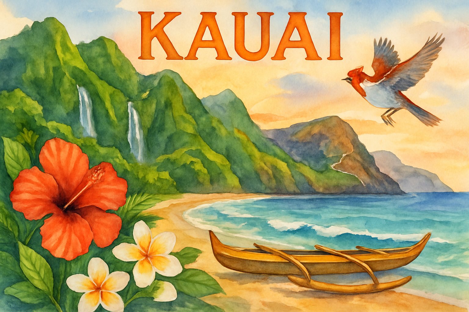 A tropical coastal scene with green mountains, waterfalls, a sandy beach, colorful flowers, a canoe by the water, and a bird flying overhead.