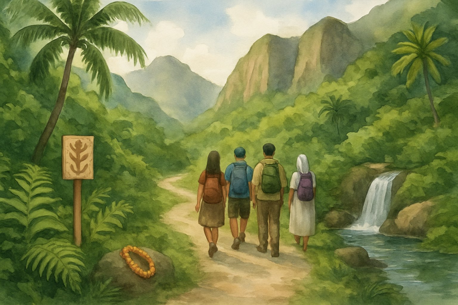 A group of hikers walking along a trail in a lush Hawaiian valley with tropical plants, cliffs, and a waterfall in the background.