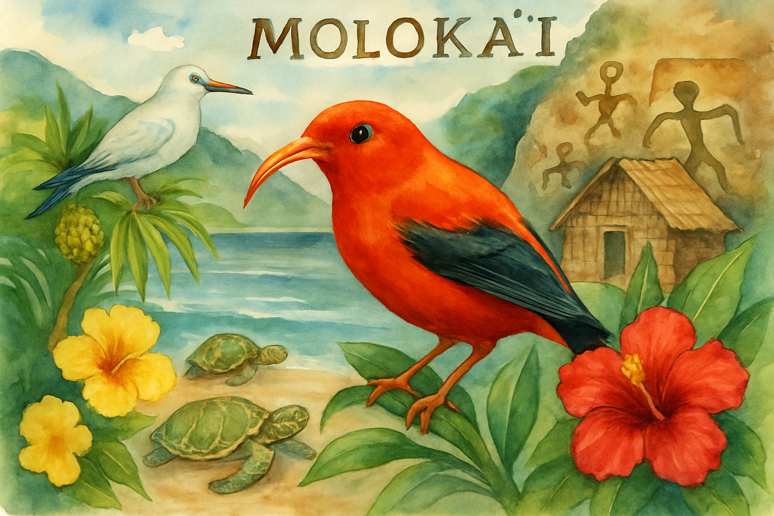 A scene showing native Hawaiian birds, sea turtles, tropical plants, and traditional Hawaiian structures on Molokai island near the shoreline.