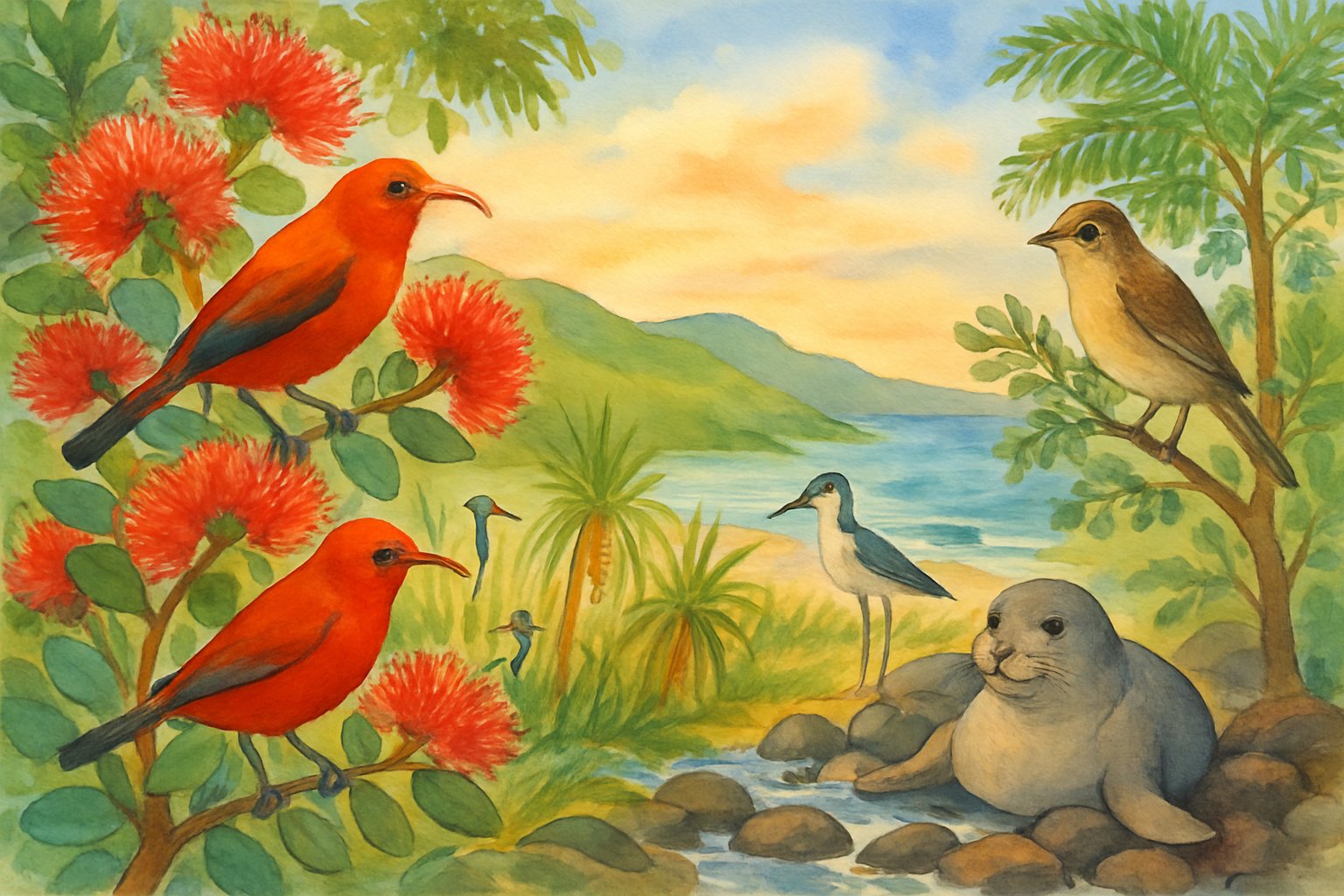 A peaceful tropical landscape showing native Hawaiian birds perched in flowering trees, a monk seal resting on rocks near the ocean, and lush green hills in the background.