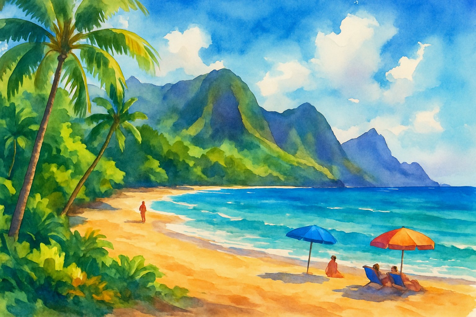 A peaceful beach scene with turquoise waves, sandy shore, palm trees, and distant cliffs under a clear blue sky.