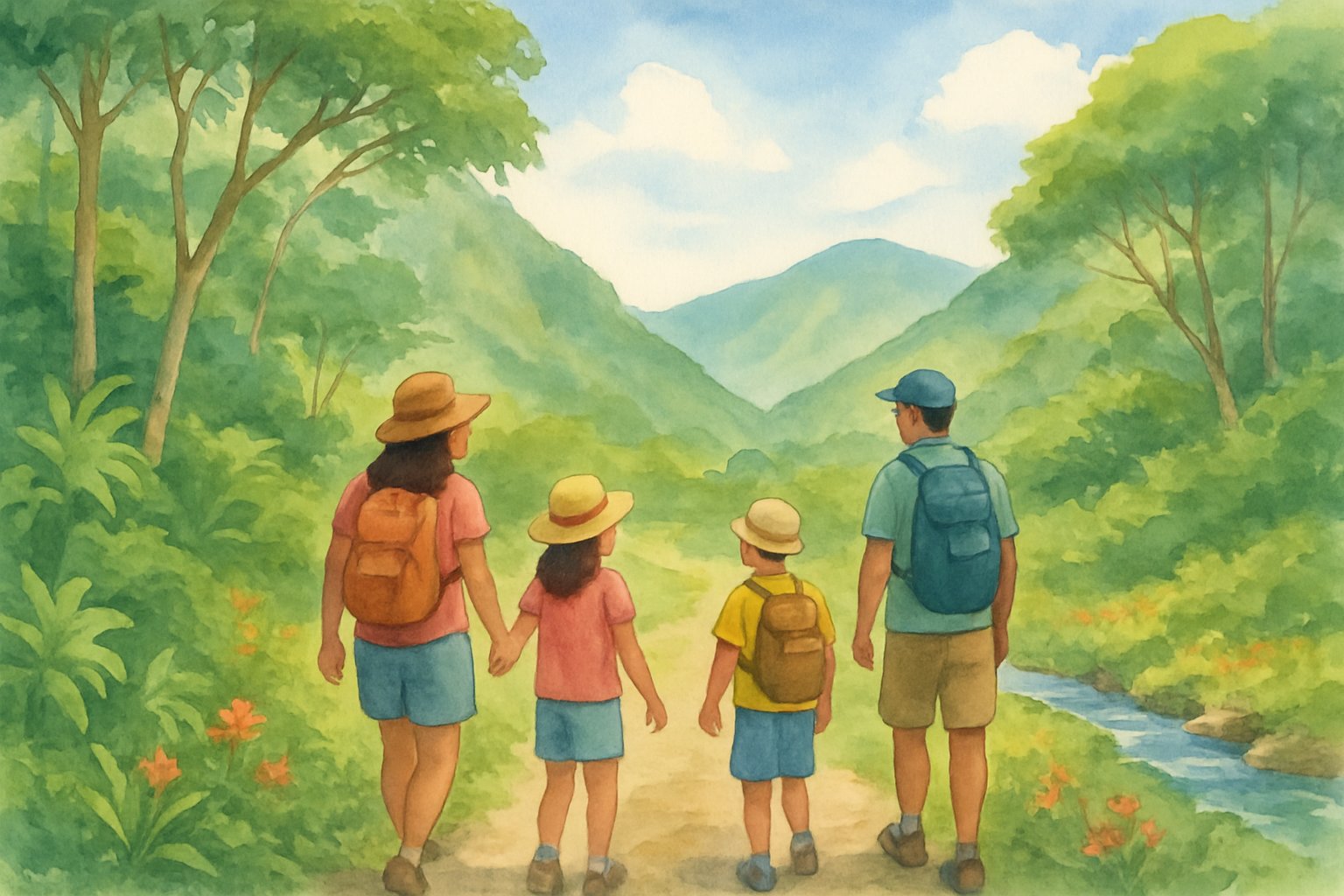 A family of four hiking along a green trail in a valley surrounded by trees, hills, and a small stream.