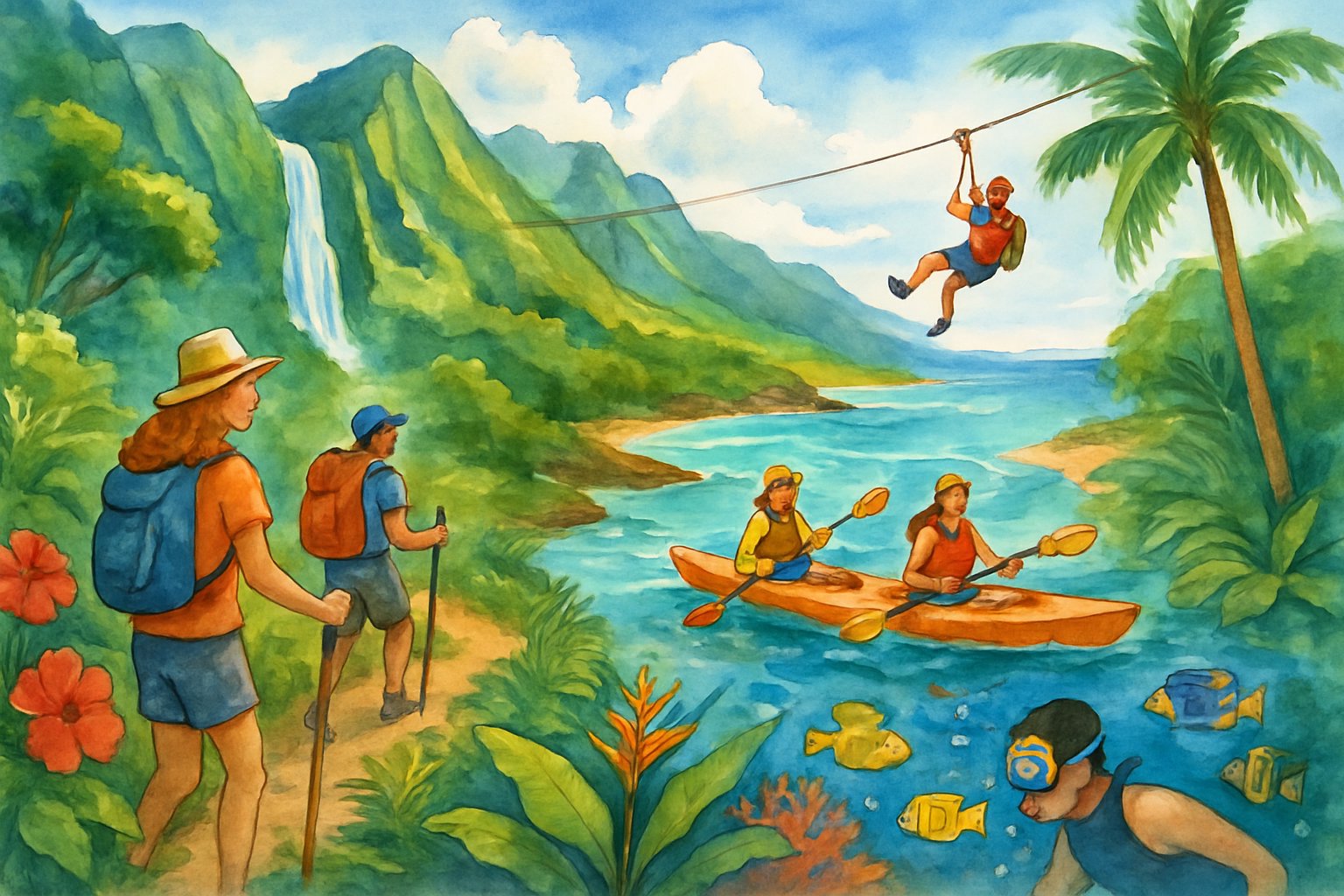A tropical landscape showing people hiking, kayaking, snorkeling, and ziplining among mountains, waterfalls, ocean, and lush greenery.