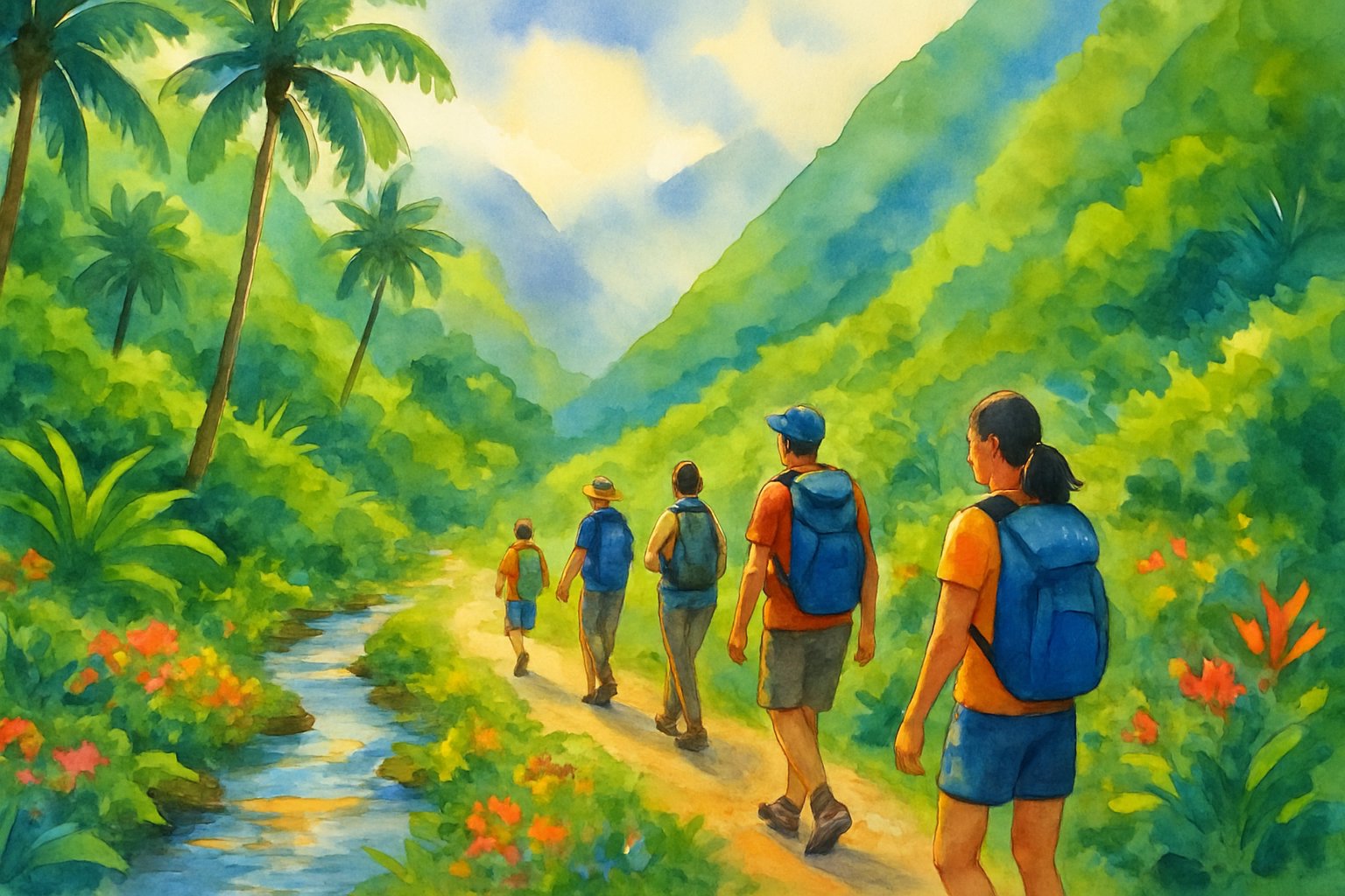 People hiking along a trail beside a stream in a lush green valley surrounded by tropical plants and mountains.
