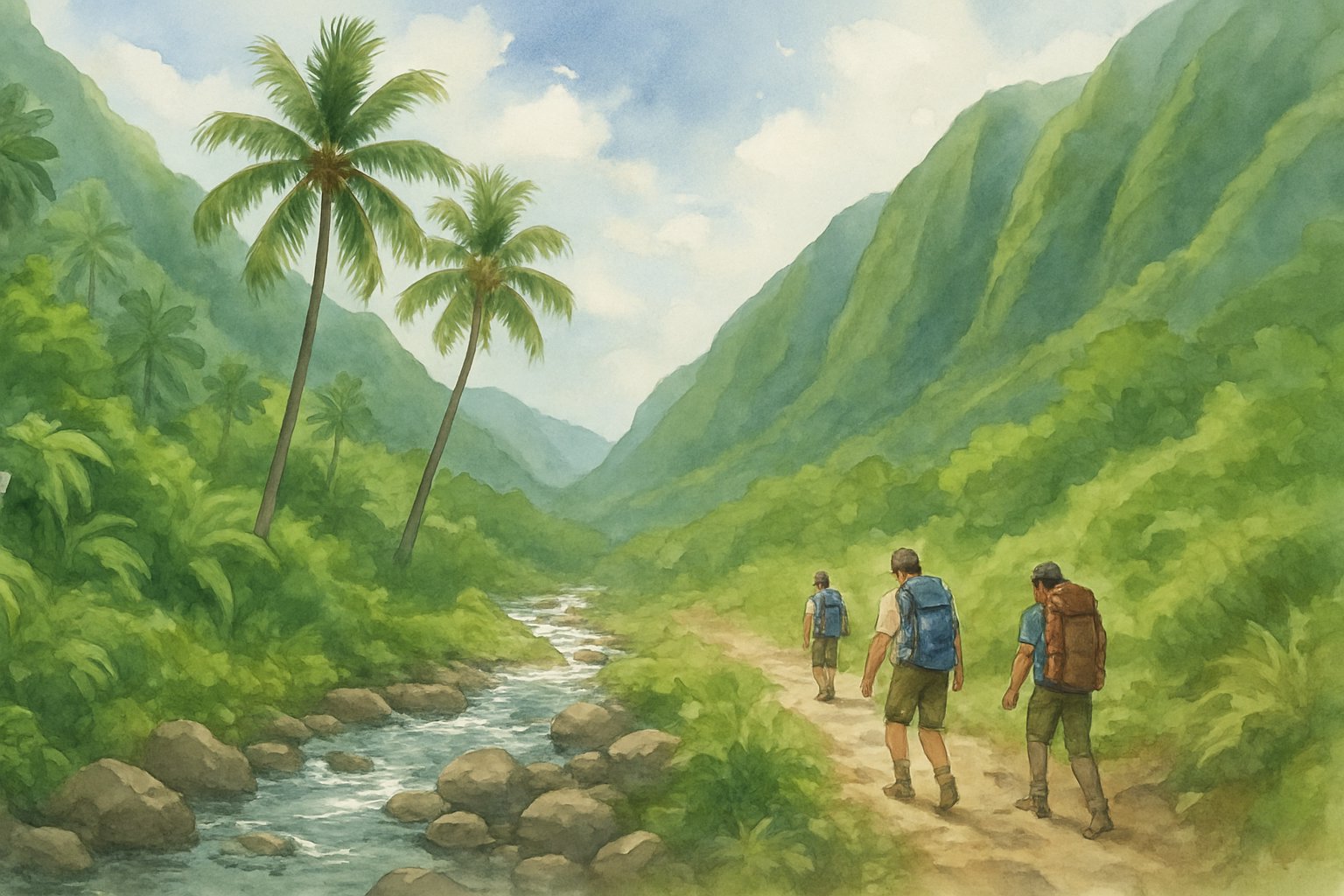 A peaceful valley with green trees, a flowing stream, rocky hiking trail, and hikers walking among tall cliffs and lush vegetation.