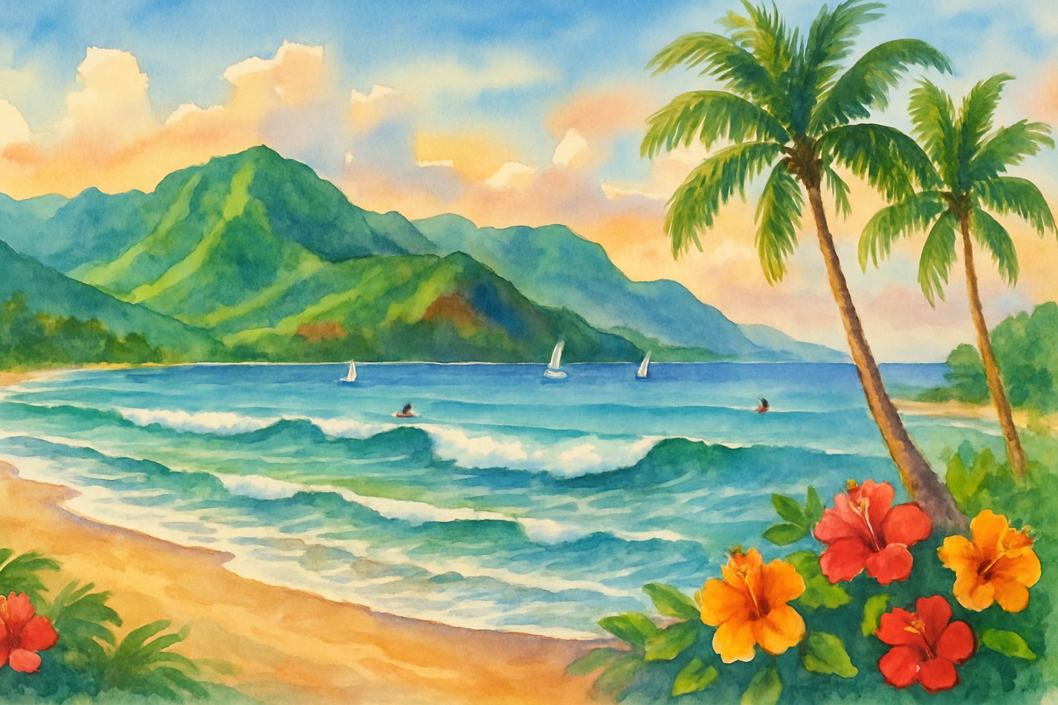 A peaceful beach scene with green mountains, palm trees, colorful flowers, sailboats, and surfers in the bay under a warm sunrise sky.