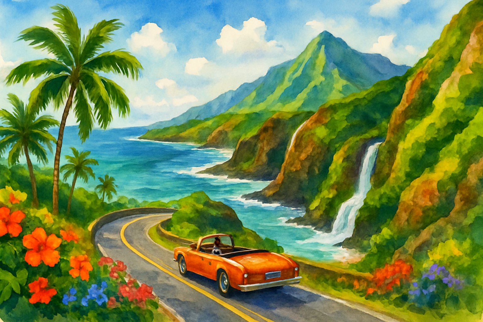 A coastal road winding through green tropical landscapes with mountains, ocean, and a car driving along the shore.