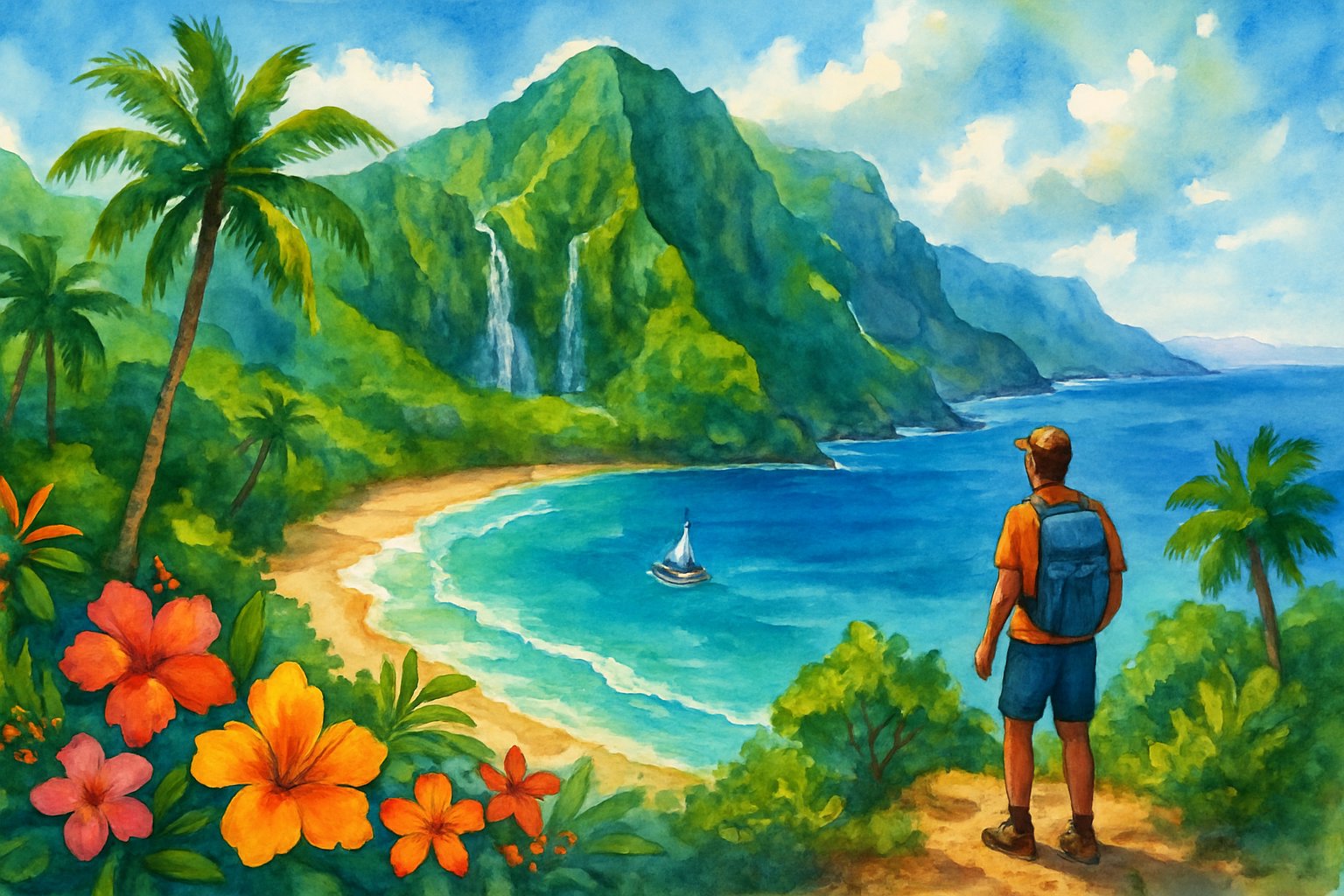 A tropical beach with cliffs, waterfalls, palm trees, a boat on the ocean, and a person hiking on a scenic overlook.