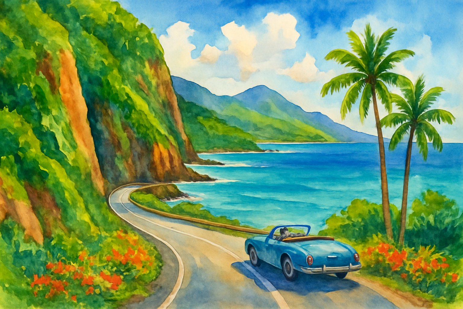 A winding coastal road along cliffs with tropical plants, palm trees, ocean, and mountains in the distance.