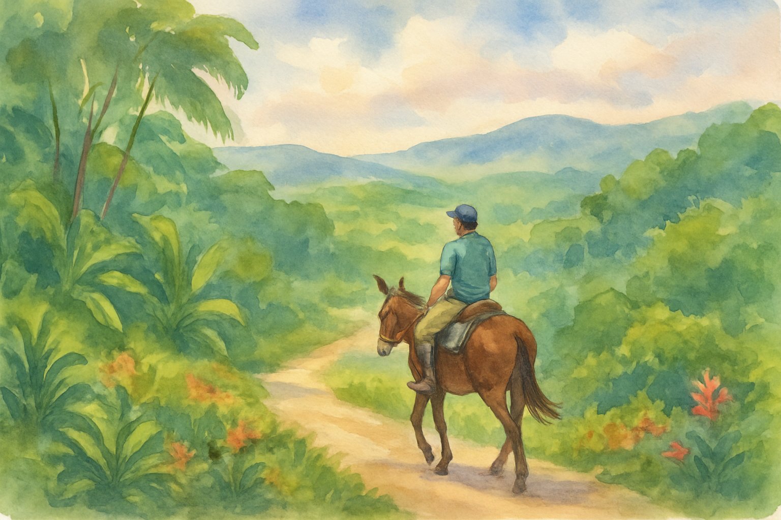 A person riding a mule along a green trail surrounded by tropical plants and hills on Molokai.