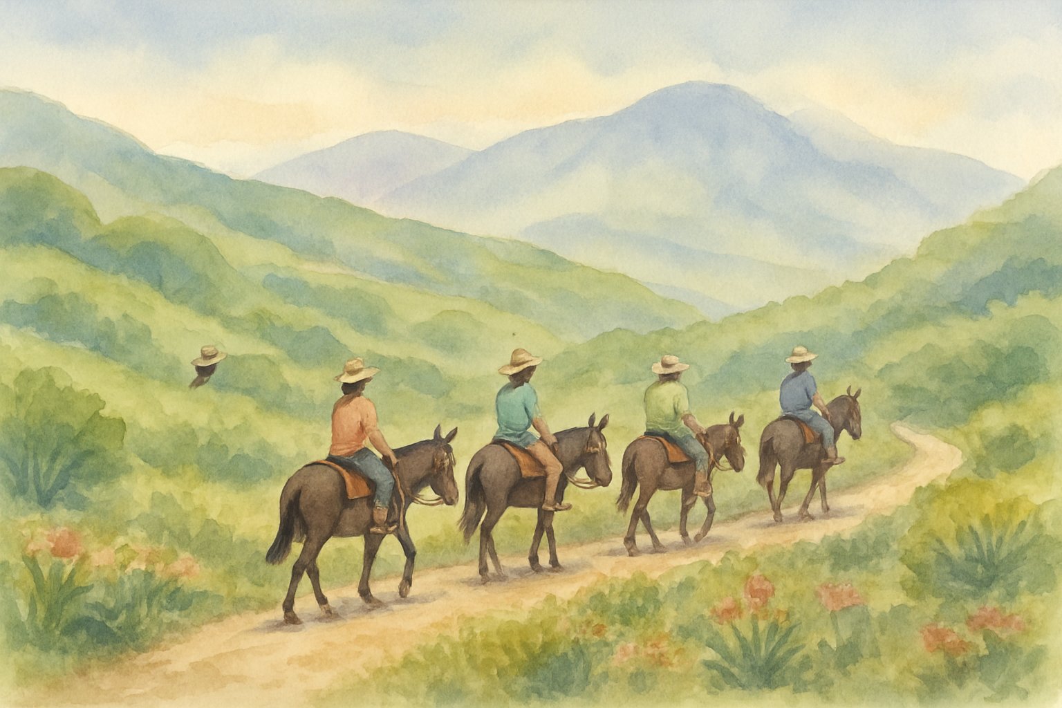 People riding mules along a dirt trail through green hills with mountains in the background.
