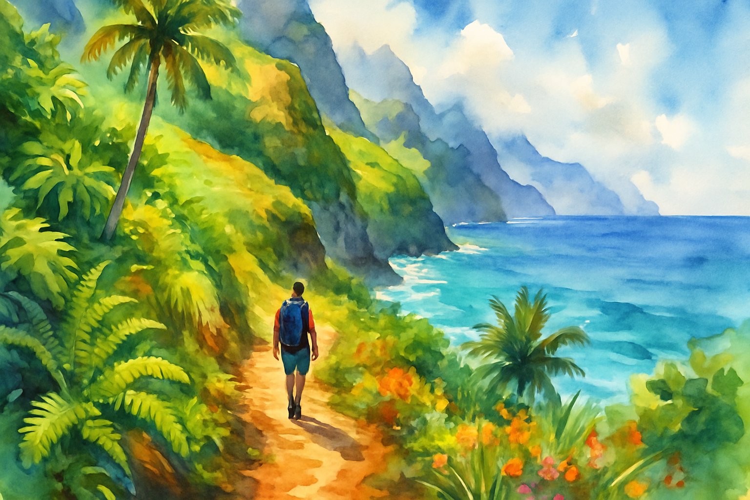 A hiker walking on a narrow trail along green cliffs next to the ocean with mountains in the background.