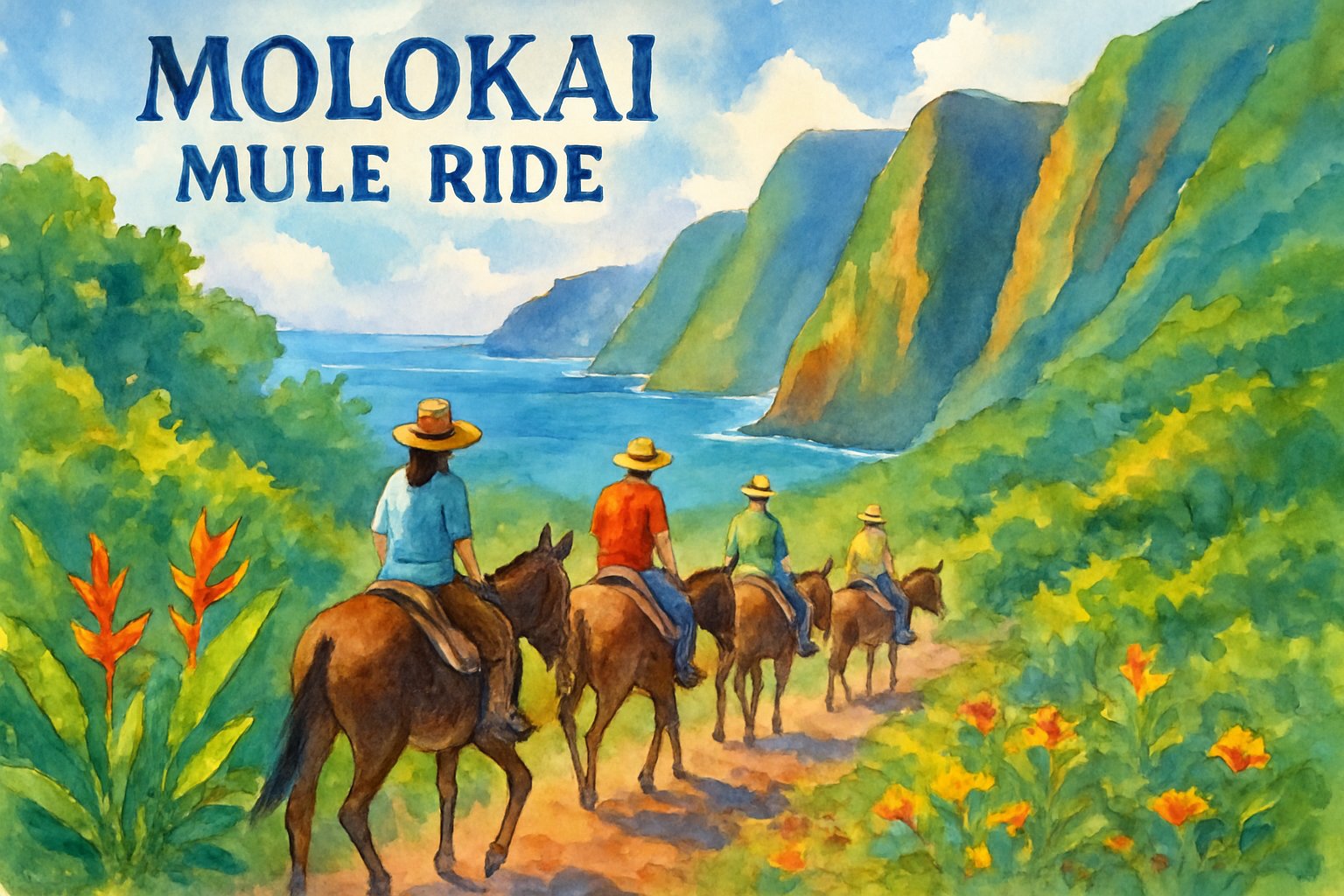 Travelers riding mules along a narrow trail surrounded by greenery and wildflowers, with cliffs and the ocean in the background.