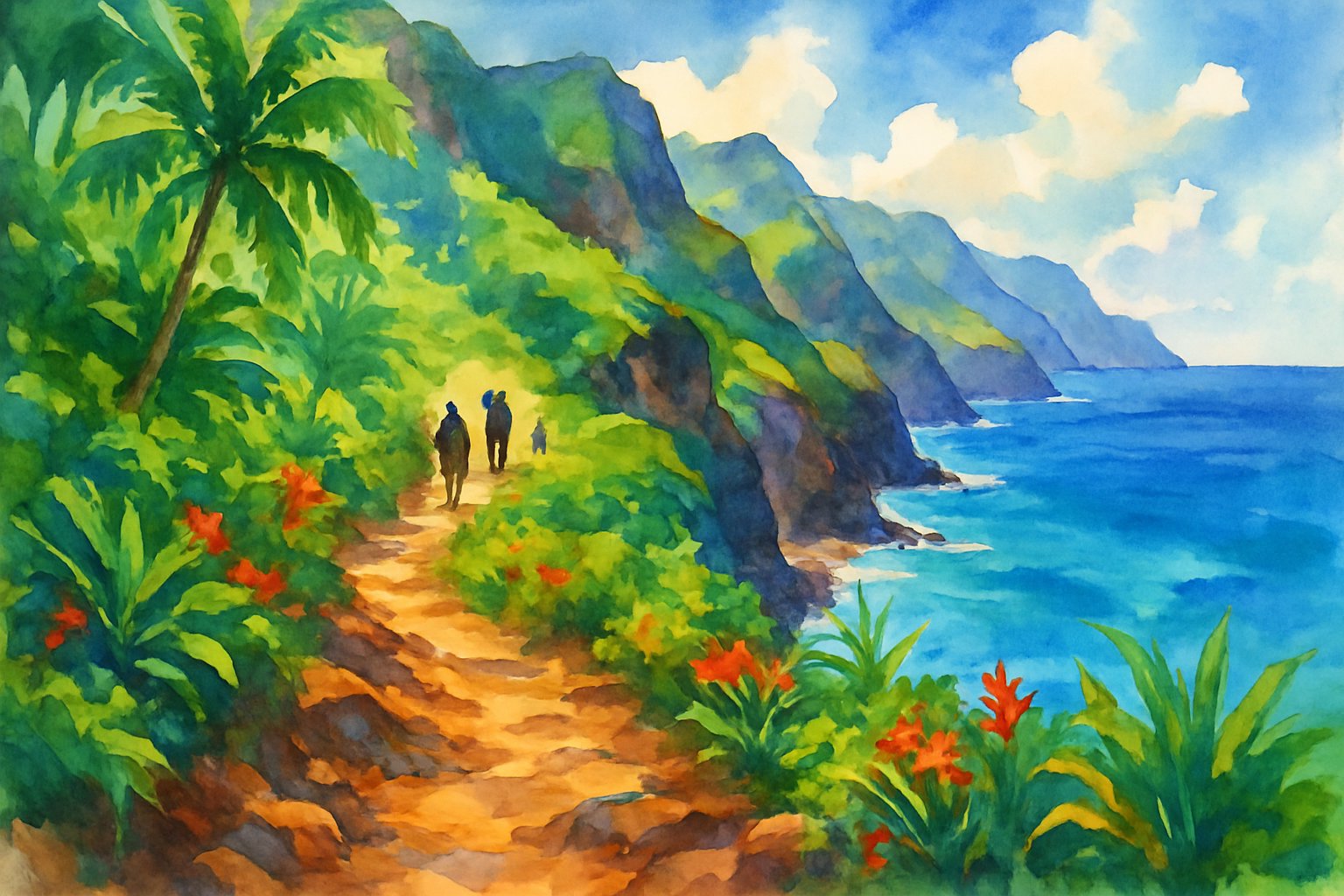 A coastal hiking trail winding through green cliffs beside a blue ocean with hikers walking along the path.