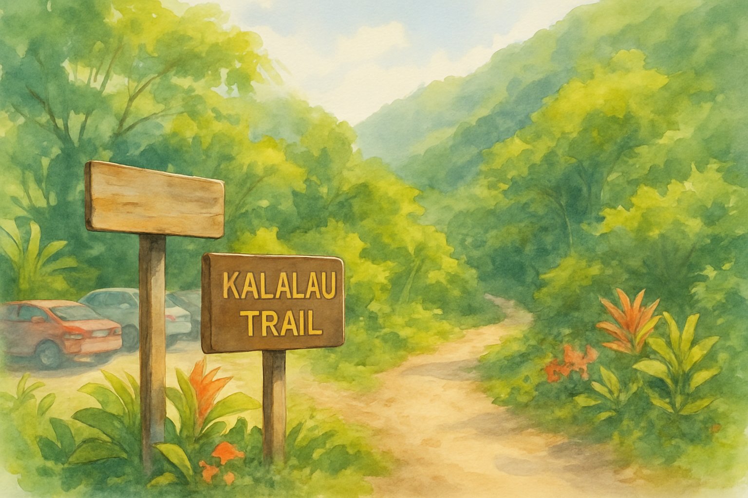 A peaceful trailhead with a wooden signpost, parking area, and a hiking path leading into a lush tropical forest under a clear sky.