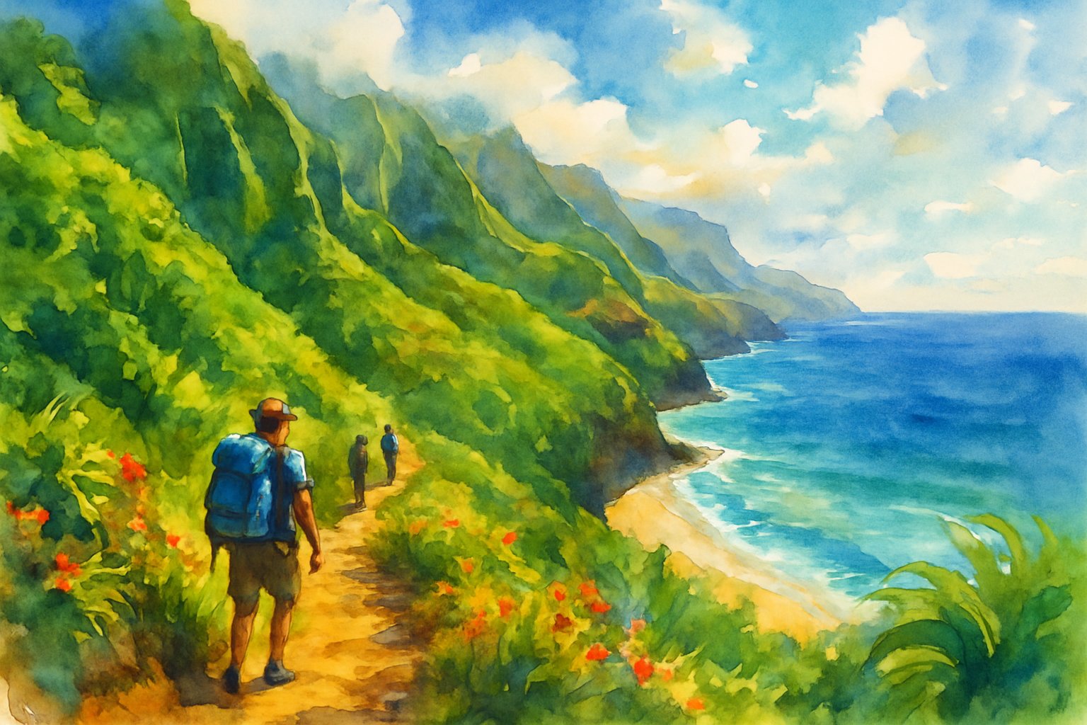 A scenic view of a narrow trail winding along green cliffs overlooking a turquoise ocean bay with a few distant hikers.