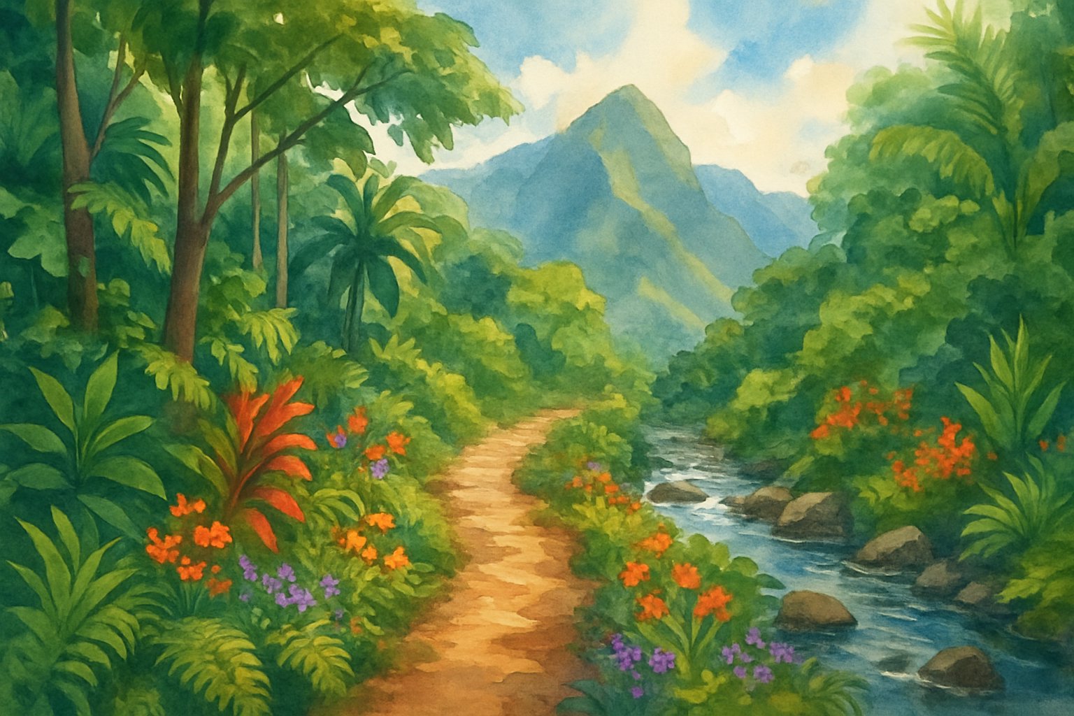 A winding trail through dense tropical forest with mountains in the background and a small stream running alongside the path.