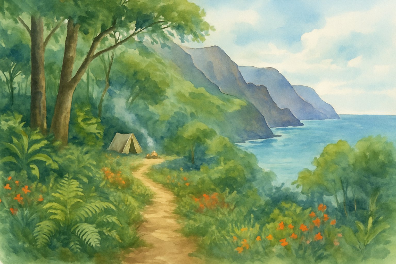A peaceful hiking trail surrounded by dense green trees and colorful flowers, leading to cliffs by a calm ocean with a small campsite nearby.