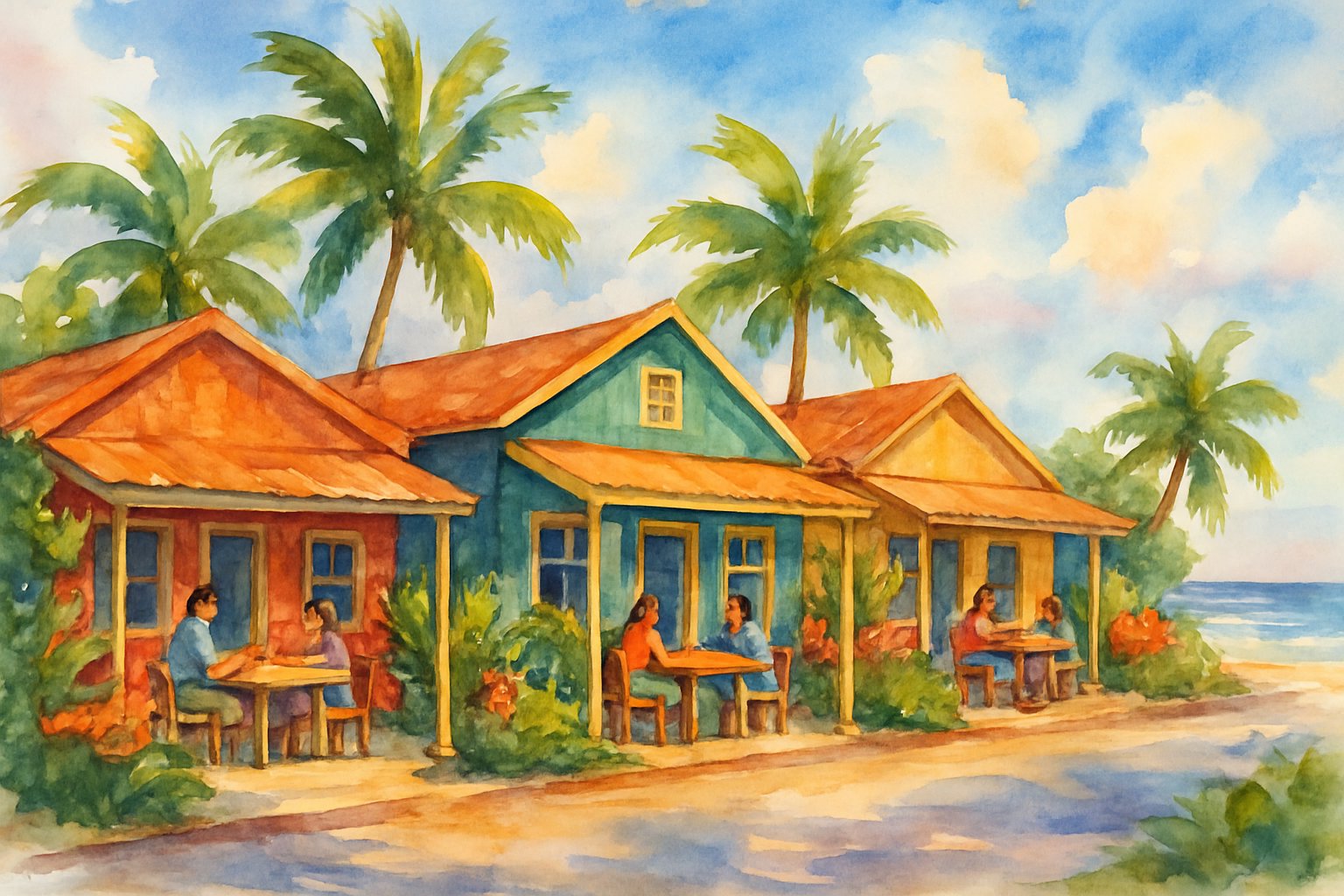A street with small local eateries surrounded by palm trees, people dining outdoors, and an ocean view in the background.