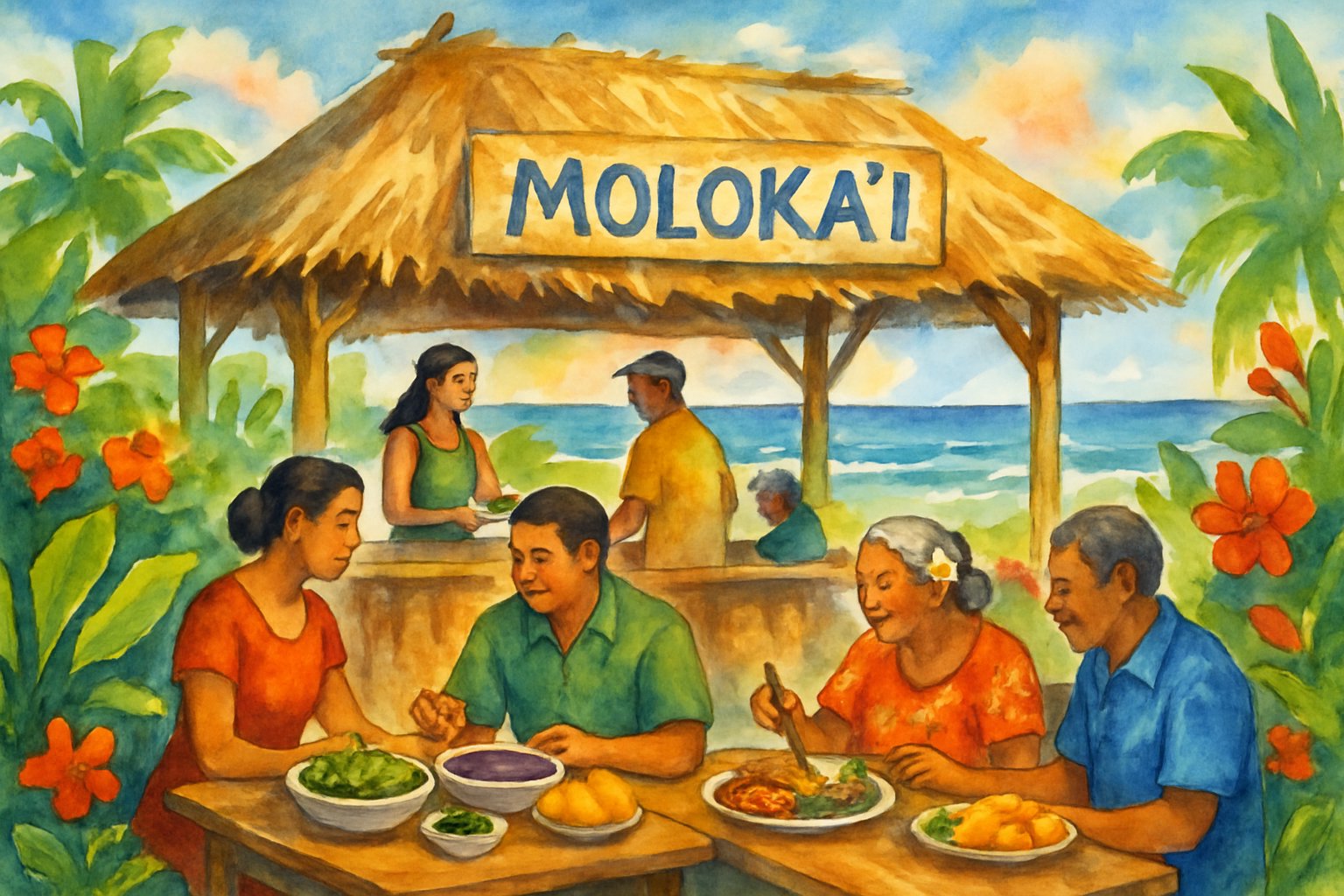 A lively outdoor food stand with people enjoying meals surrounded by tropical plants and ocean in the background.