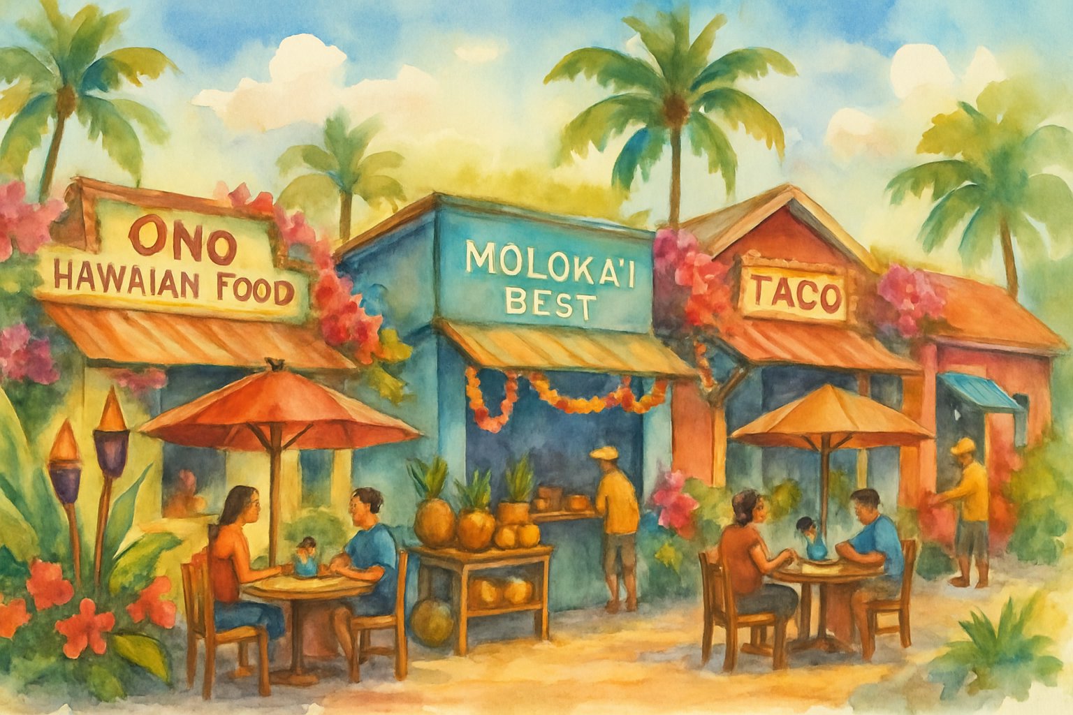 A lively street scene in Molokai with small local restaurants, palm trees, and people enjoying meals outdoors surrounded by tropical plants and bright skies.