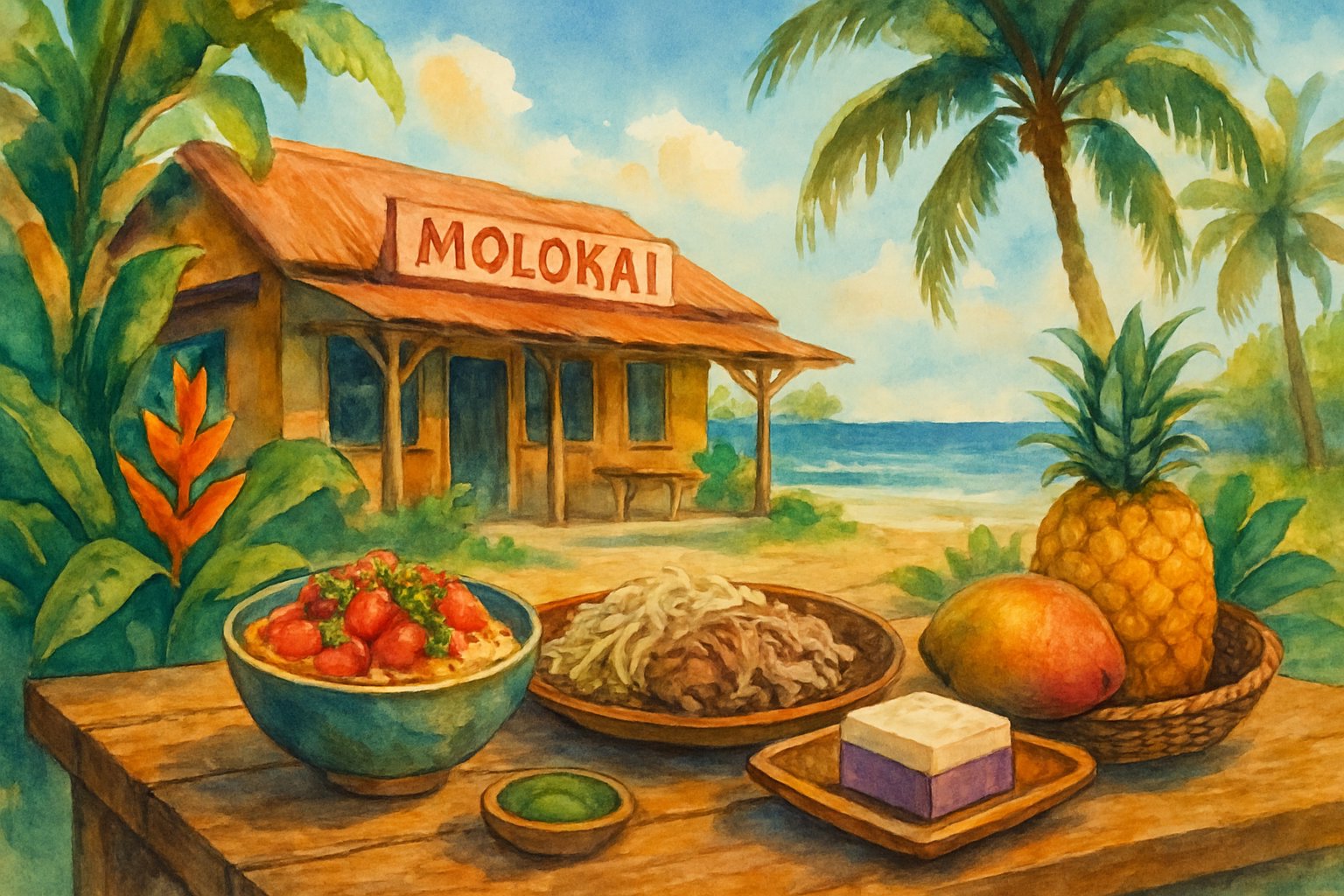 A table set with various traditional Hawaiian dishes surrounded by tropical plants near a beach with palm trees and ocean waves.
