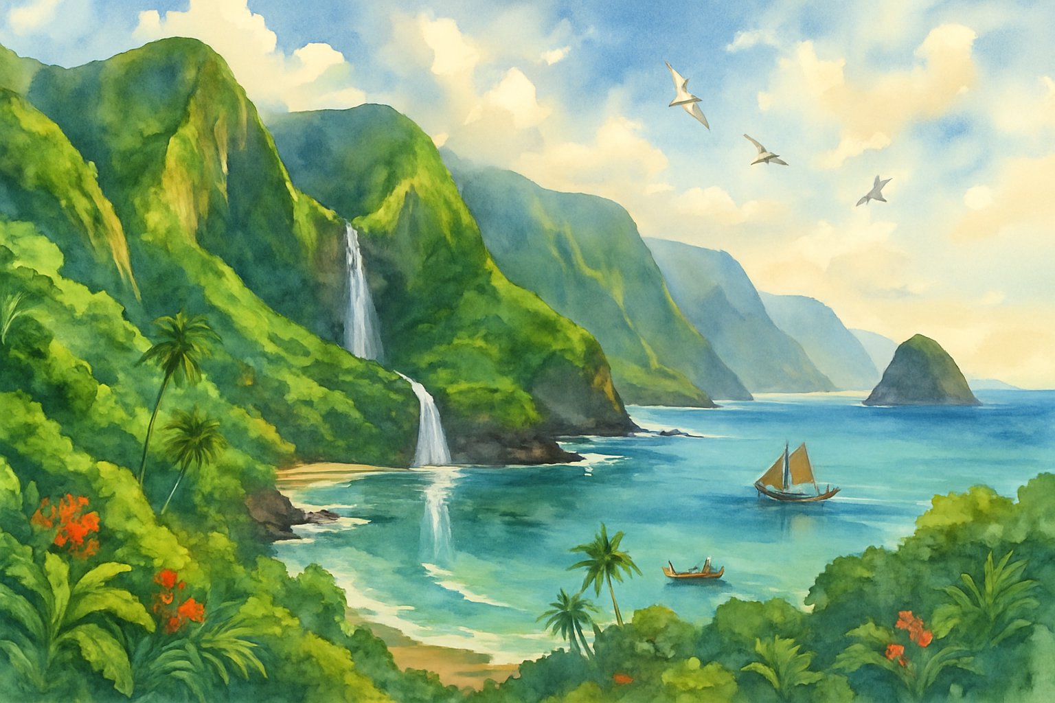 A coastal landscape with steep cliffs, green valleys, waterfalls, ocean waters, and boats near the shore under a partly cloudy sky.
