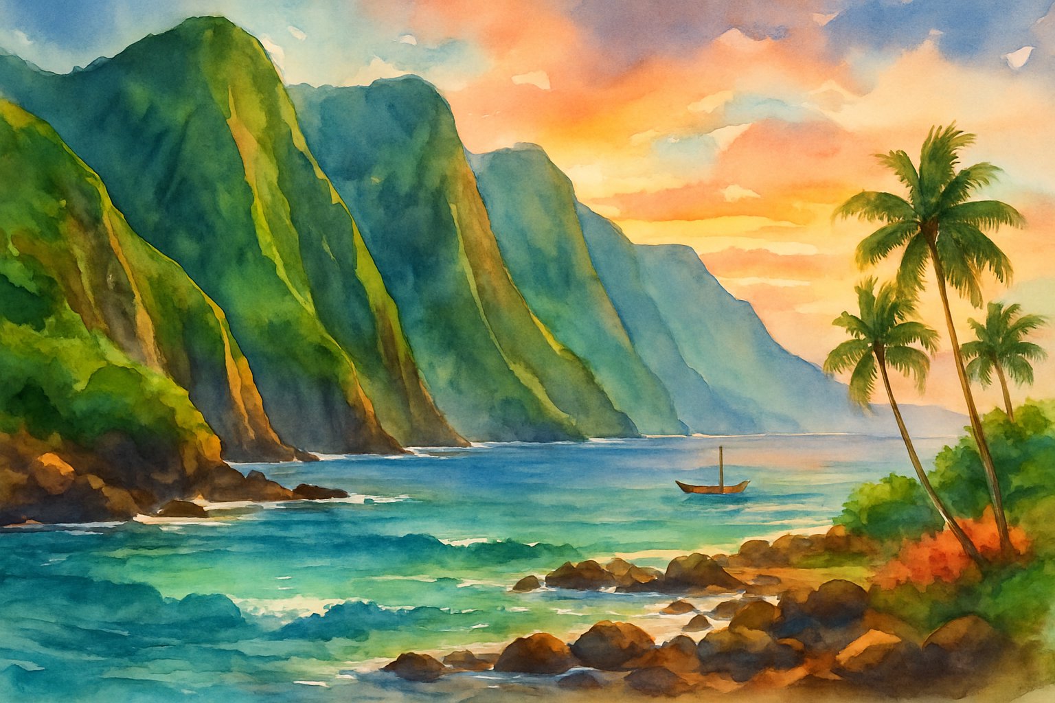 Coastal cliffs and turquoise ocean with palm trees and a small boat near the shore at sunset.