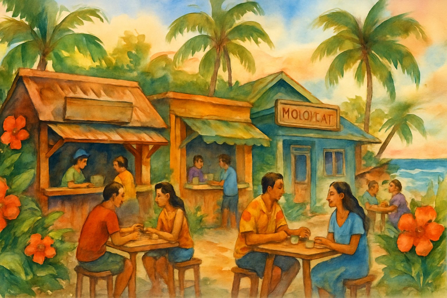 A lively street scene in Molokai with local eateries, people enjoying food, tropical plants, and ocean in the background.