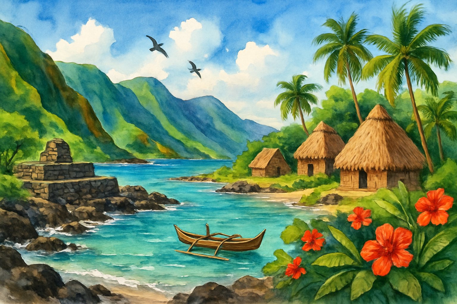 Coastline with turquoise water, volcanic cliffs, palm trees, traditional huts, mountains, and a canoe near the shore.