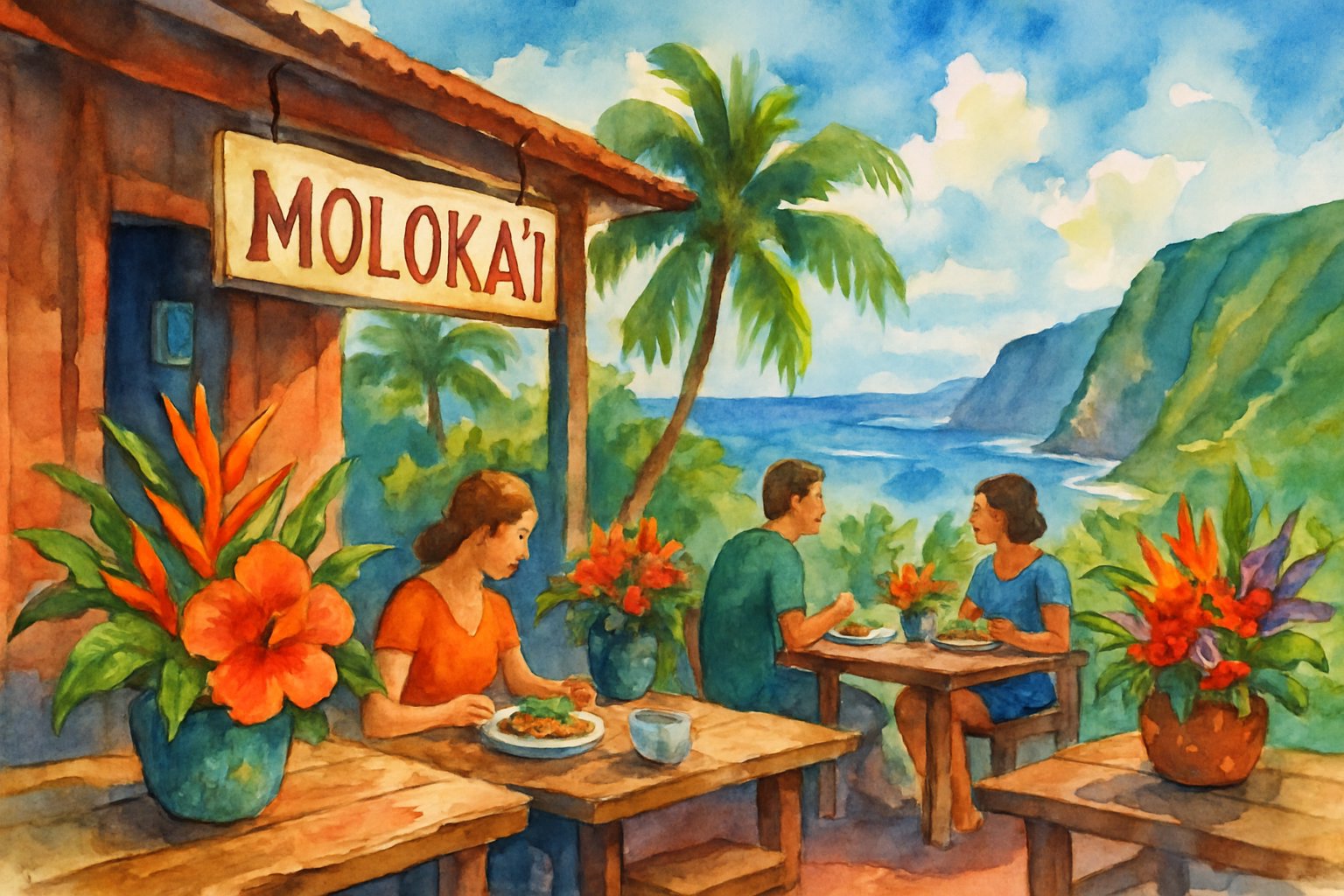 Outdoor dining area near a tropical coastline with palm trees, people enjoying meals at wooden tables, and a clear blue sky.