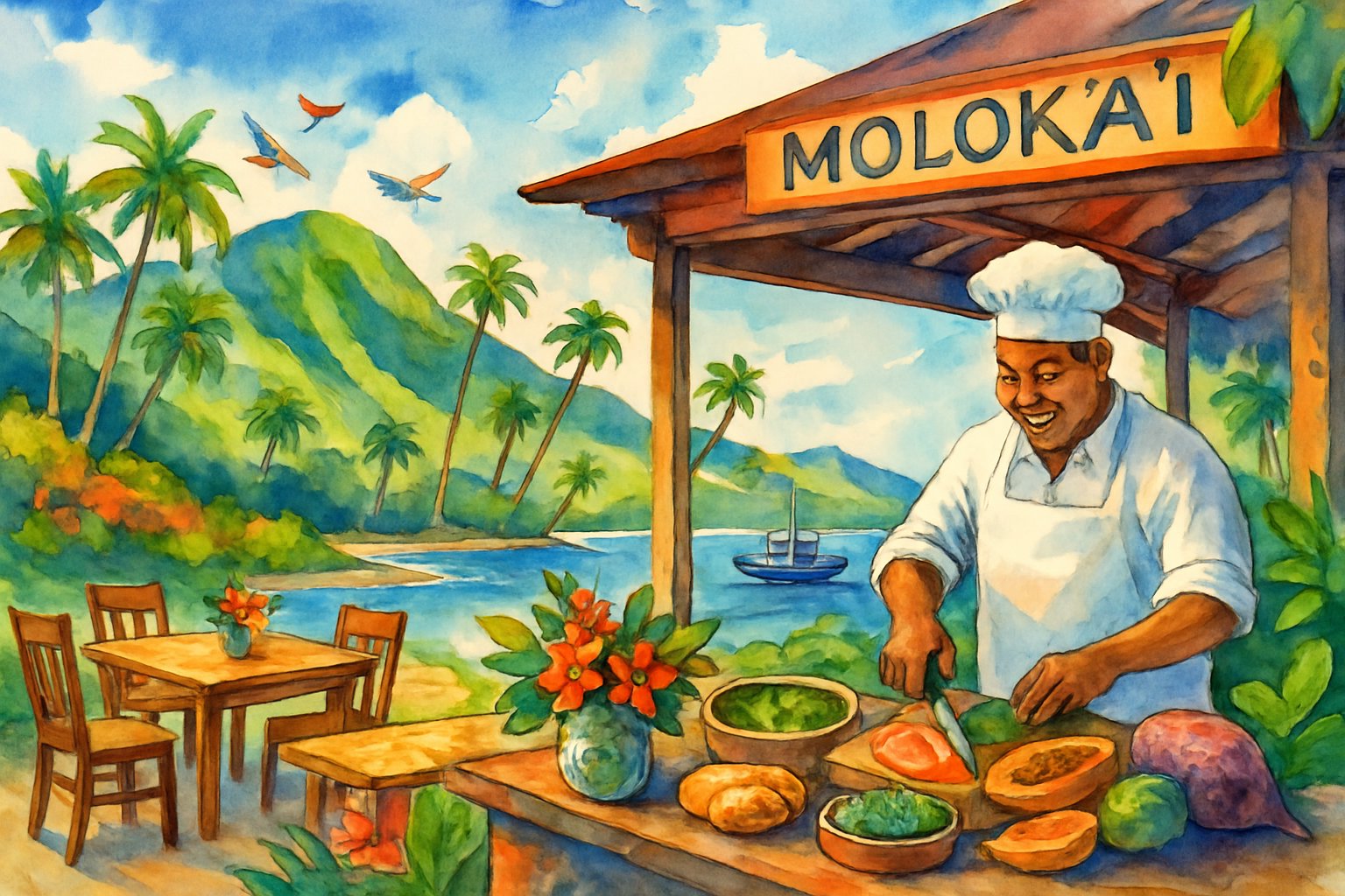 A coastal scene with a local eatery, a chef preparing food, tropical plants, hills, and a fishing boat near the shore.