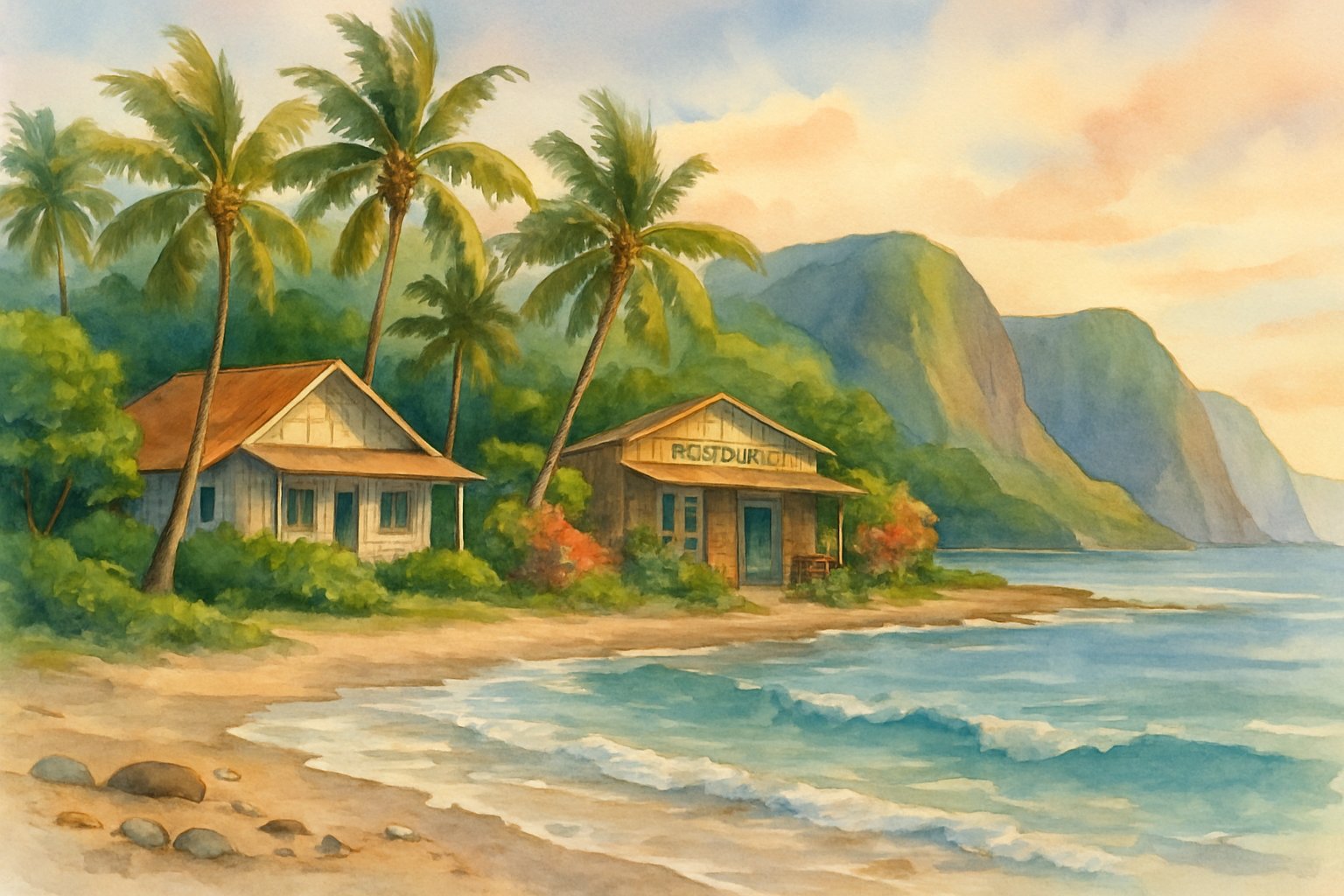 A peaceful beachfront scene with tropical trees, a small lodging, a local eatery, calm ocean waves, sandy shore, and distant cliffs under a warm sky.