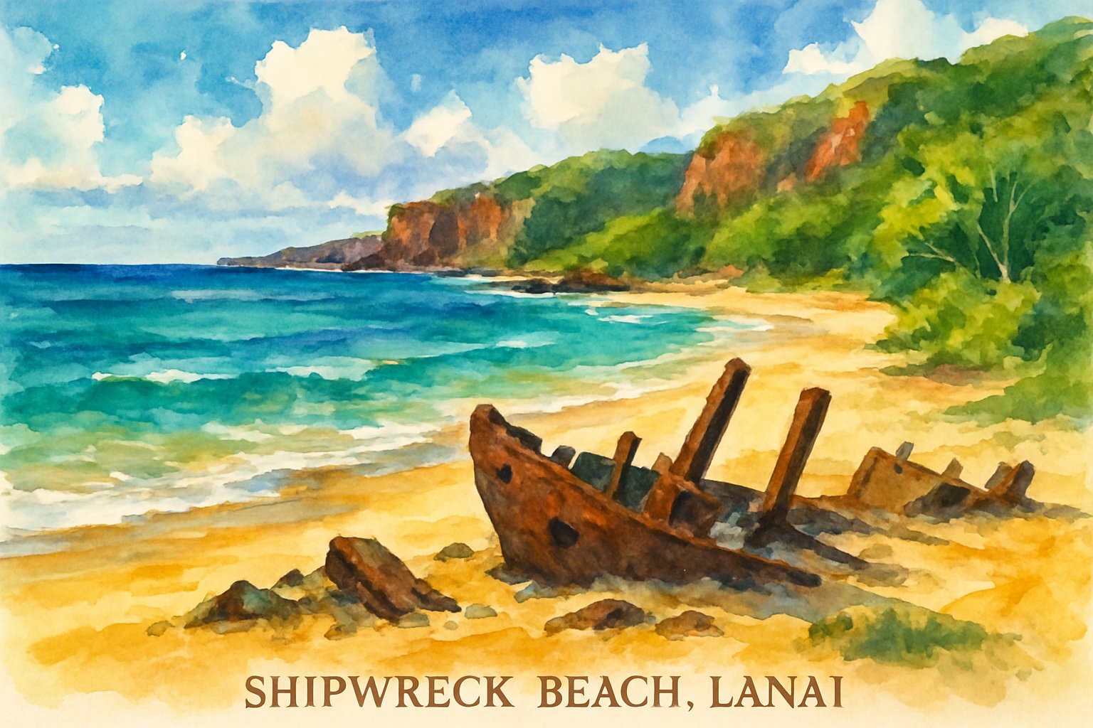 A coastal beach scene with clear blue water, sandy shore, rocky cliffs, and remnants of a shipwreck on the sand.