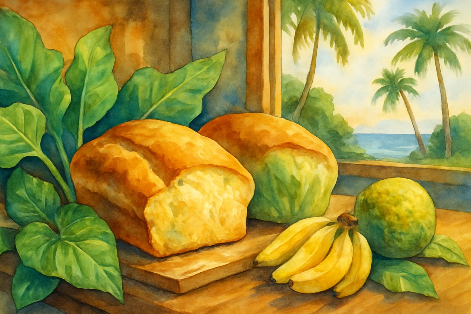 A wooden table with freshly baked bread loaves surrounded by tropical plants and an ocean view with palm trees in the background.