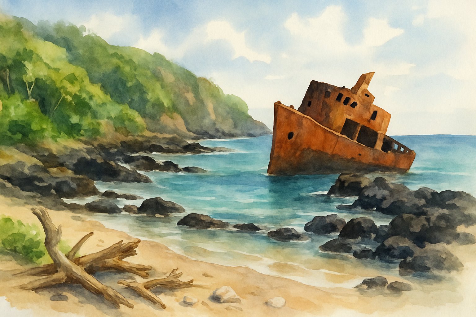 A coastal scene showing a rusted shipwreck on a sandy beach with black rocks, clear blue water, green vegetation, and cliffs under a partly cloudy sky.